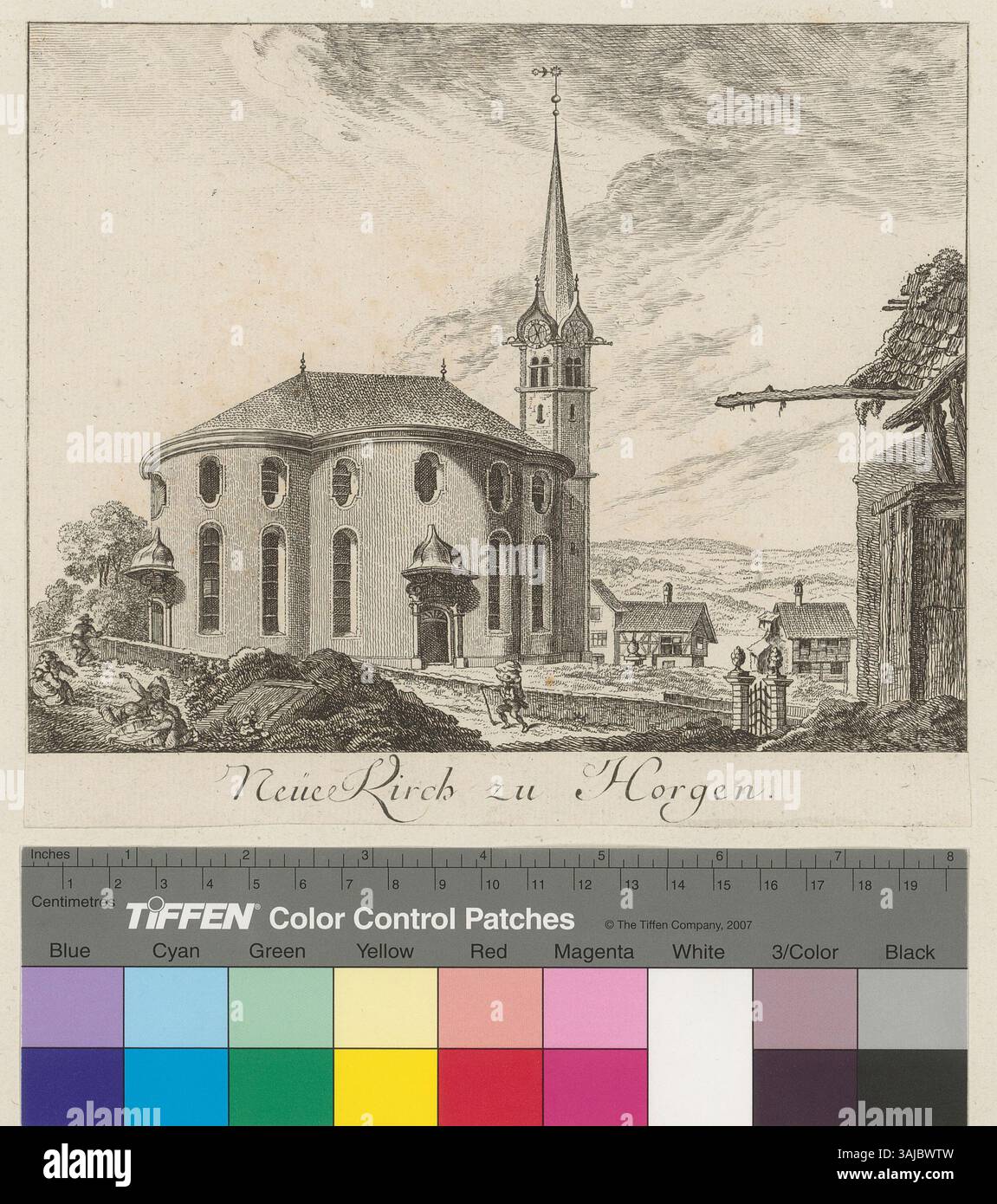 Dieser um 1782 entstandene Gravur von Johann Jakob Meyer zeigt die neue Kirche in Horgen, einer Stadt in der Region Zürich. Der Druck ist Teil einer Sammlung religiöser und architektonischer Darstellungen aus dem 18. Jahrhundert, die zuvor Heinrich Pfenninger und Friedrich Steinfels gehörten. Stockfoto