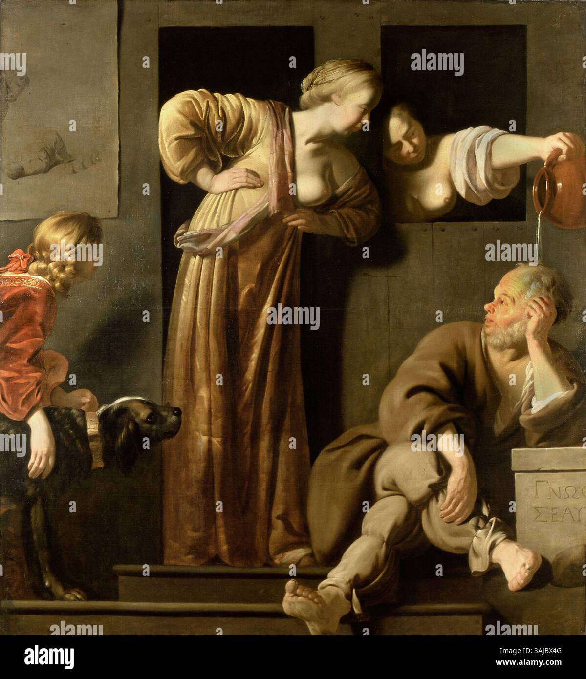 Das Gemälde Sokrates, seine zwei Frauen und Alcibiades von Reyer Jacobsz. Van Blommendael, 1675 fertiggestellt, zeigt den berühmten griechischen Philosophen Sokrates mit seinen beiden Ehefrauen Xanthippe und Myrto neben dem Athener Staatsmann Alcibiades. Die Komposition bietet eine dramatische Interpretation des antiken griechischen Lebens und der Philosophie. Stockfoto