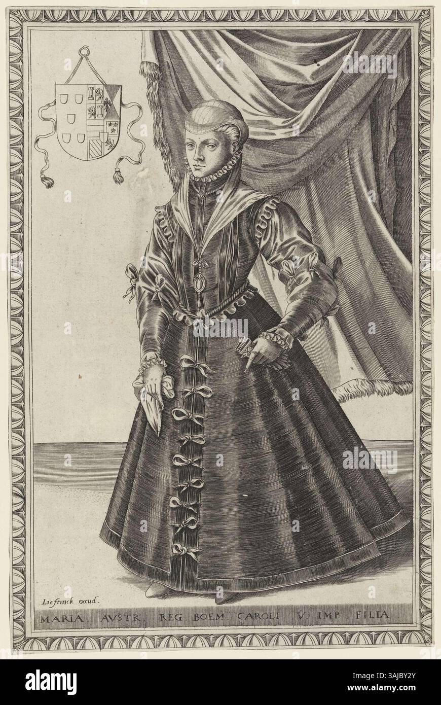 Dieser Stich von Abraham de Bruyn zeigt Maria von Österreich, Tochter Karls V. und Ehefrau von Maximilian II., Kaiser des Heiligen Römischen Reiches. Es ist eine künstlerische Darstellung ihres königlichen Erbes und Status innerhalb der Habsburgerdynastie. Stockfoto