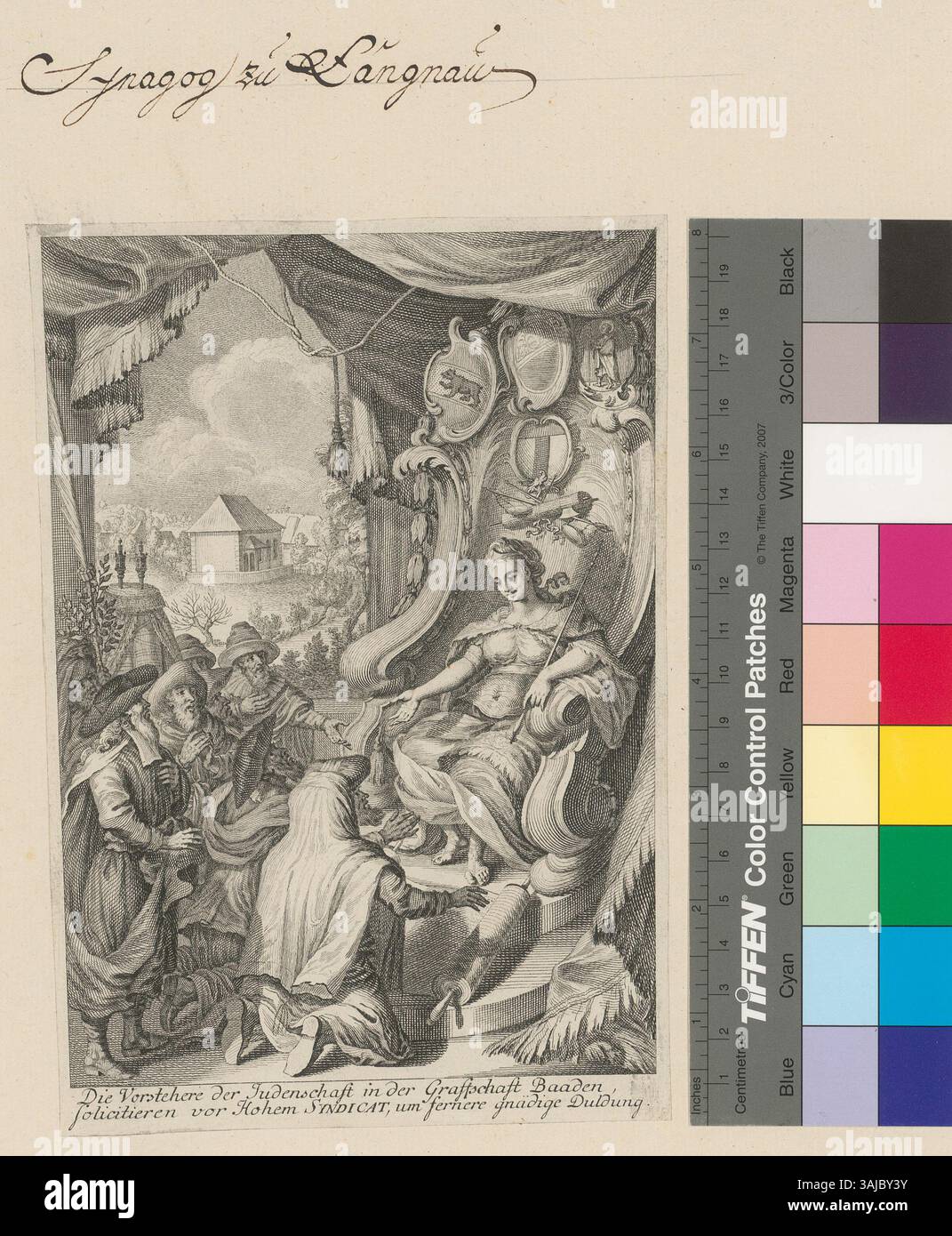 Diese Gravur zeigt eine Petition der Führer der jüdischen Gemeinde in Baden an das hohe Syndikat, in der sie nach anhaltender Toleranz streben. Es ist Teil der Sammlung jüdischer Geschichten von Johann Caspar Ulrich. Der Druck ist eine 20,3 x 13,8 cm große Ätzung aus den Jahren 1760 bis 1775, die sich in der Zentralbibliothek Zürich befindet. Stockfoto