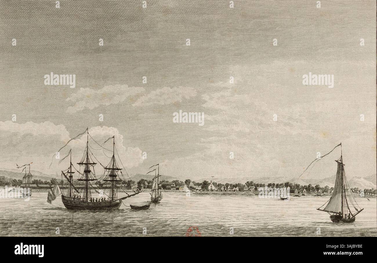 Dieses 1791 entstandene Kunstwerk von Alexis-Nicolas Pérignon und Nicolas Ponce zeigt die Stadt Les Cayes in Haiti. Es veranschaulicht die Küstenlandschaft der Stadt, den Hafen und die umliegende Natur und gibt Einblicke in die Geographie und Kolonialgeschichte der Region. Stockfoto