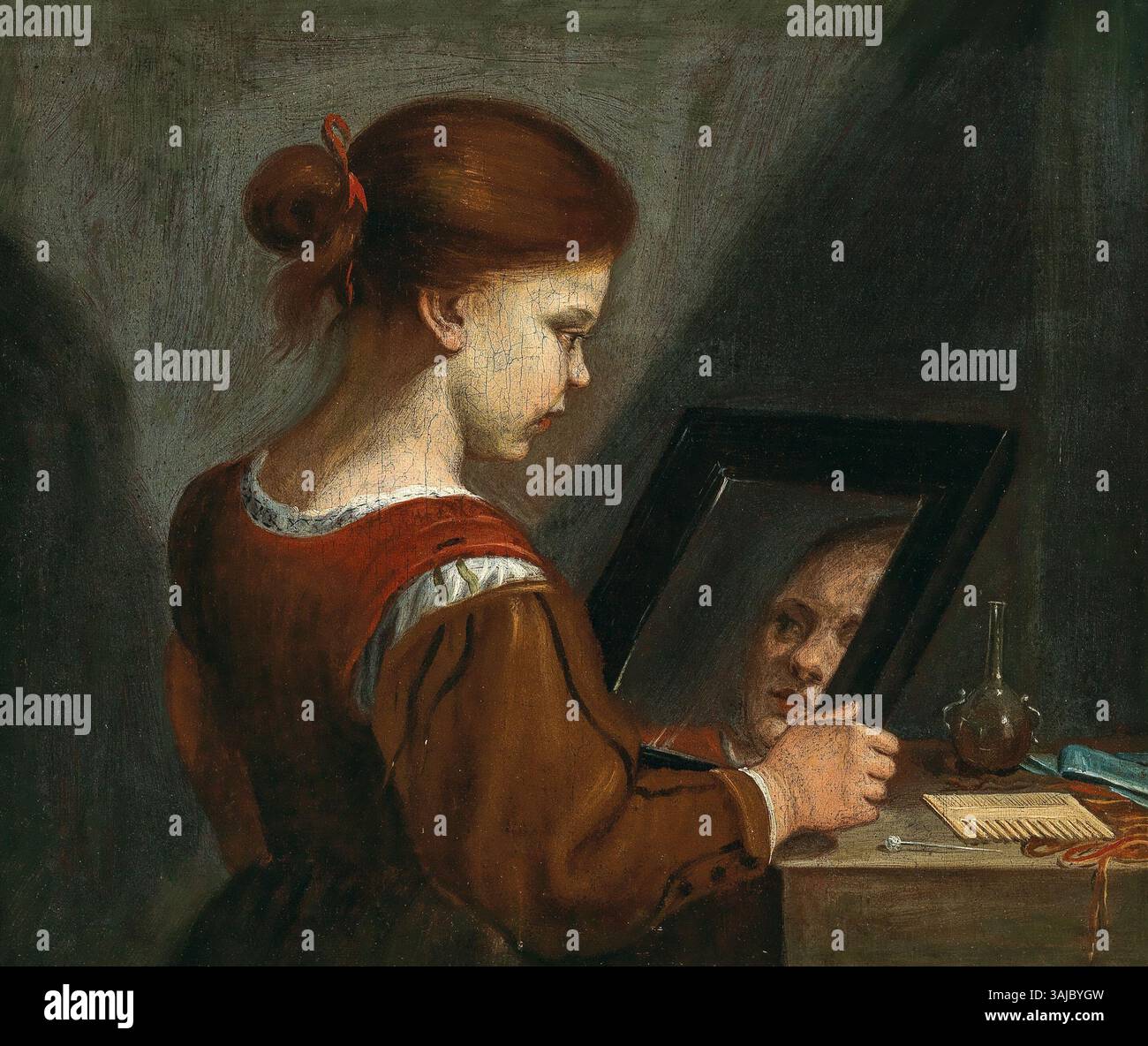 Dieses französische Gemälde aus dem 17. Jahrhundert, „Allegory of Eitelkeit“, zeigt ein Mädchen, das sich in einem Spiegel bewundert. Das Öl auf Leinwand misst 51 x 60,5 cm und repräsentiert Eitelkeit, ein gängiges Thema in der Barockkunst. Stockfoto