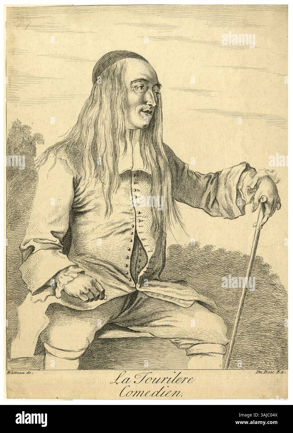 Claude du Boscs Ätzung „La Tourilere Comédien“ ist ein Porträt nach Antoine Watteau, das einen Mann mit glatten Haaren darstellt, der mit einem Gehstock sitzt und auf einem Werk von Watteau basiert. Die Ätzung stammt aus den 1730er Jahren Stockfoto