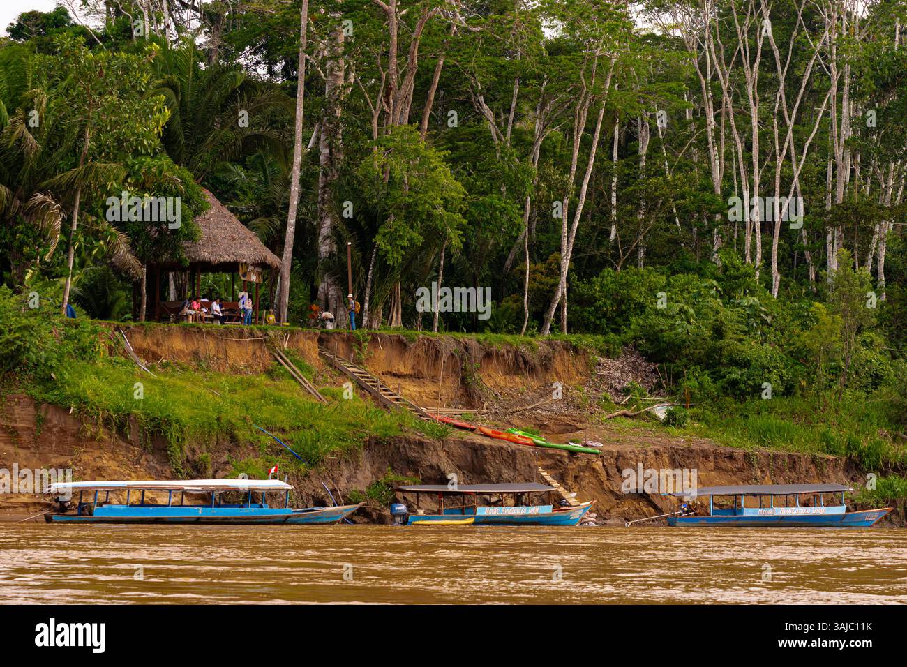 Dock am Fluss Madre de Dios, Peru Stockfoto