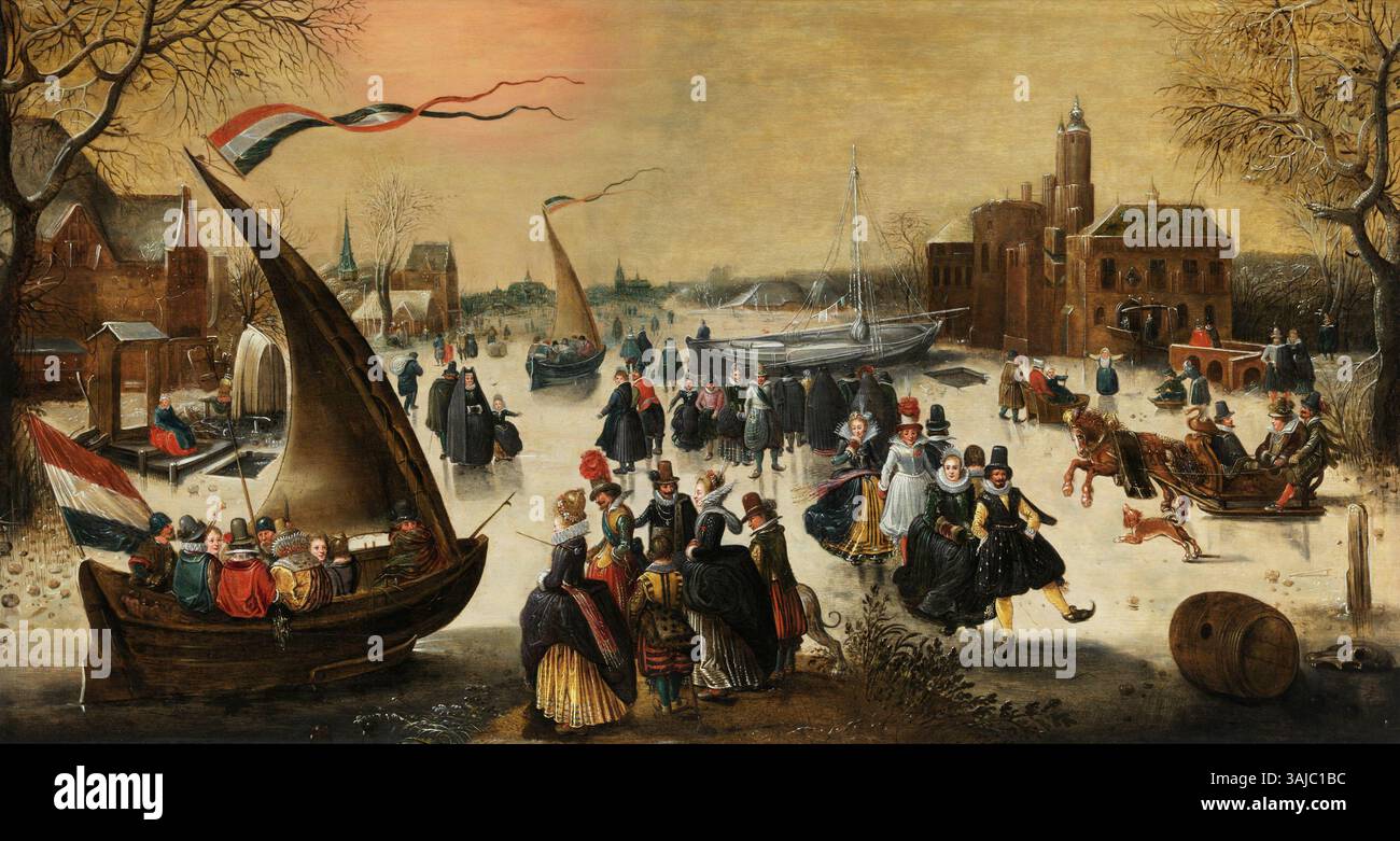 Dieses Ölgemälde aus dem 17. Jahrhundert, das Adam van Breen zugeschrieben wird, zeigt eine elegante Gesellschaft, die Schlittschuhlaufen und andere Winteraktivitäten anbietet. Die Szene fängt den Genuss der Winterfreizeit mit einer detaillierten Darstellung der Figuren und der eisigen Landschaft ein. Stockfoto