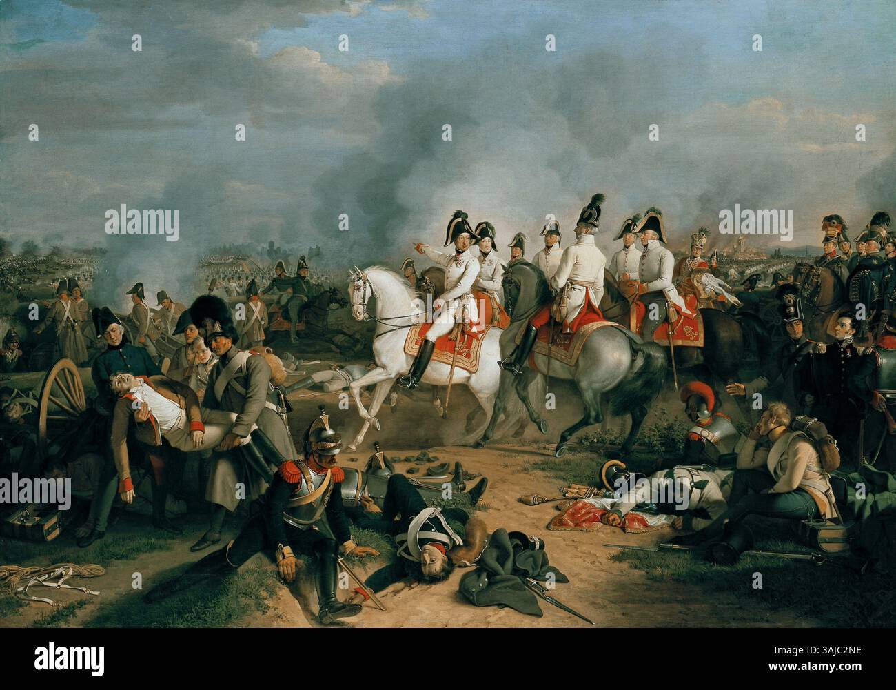 Johann Peter Krafft’ Gemälde von 1820 zeigt Erzherzog Karl von Teschen und seinen Stab während der Schlacht bei Aspern-Essling vom 21. Bis 22. Mai 1809. Das Kunstwerk fängt das historische militärische Ereignis der Napoleonischen Kriege ein. Stockfoto