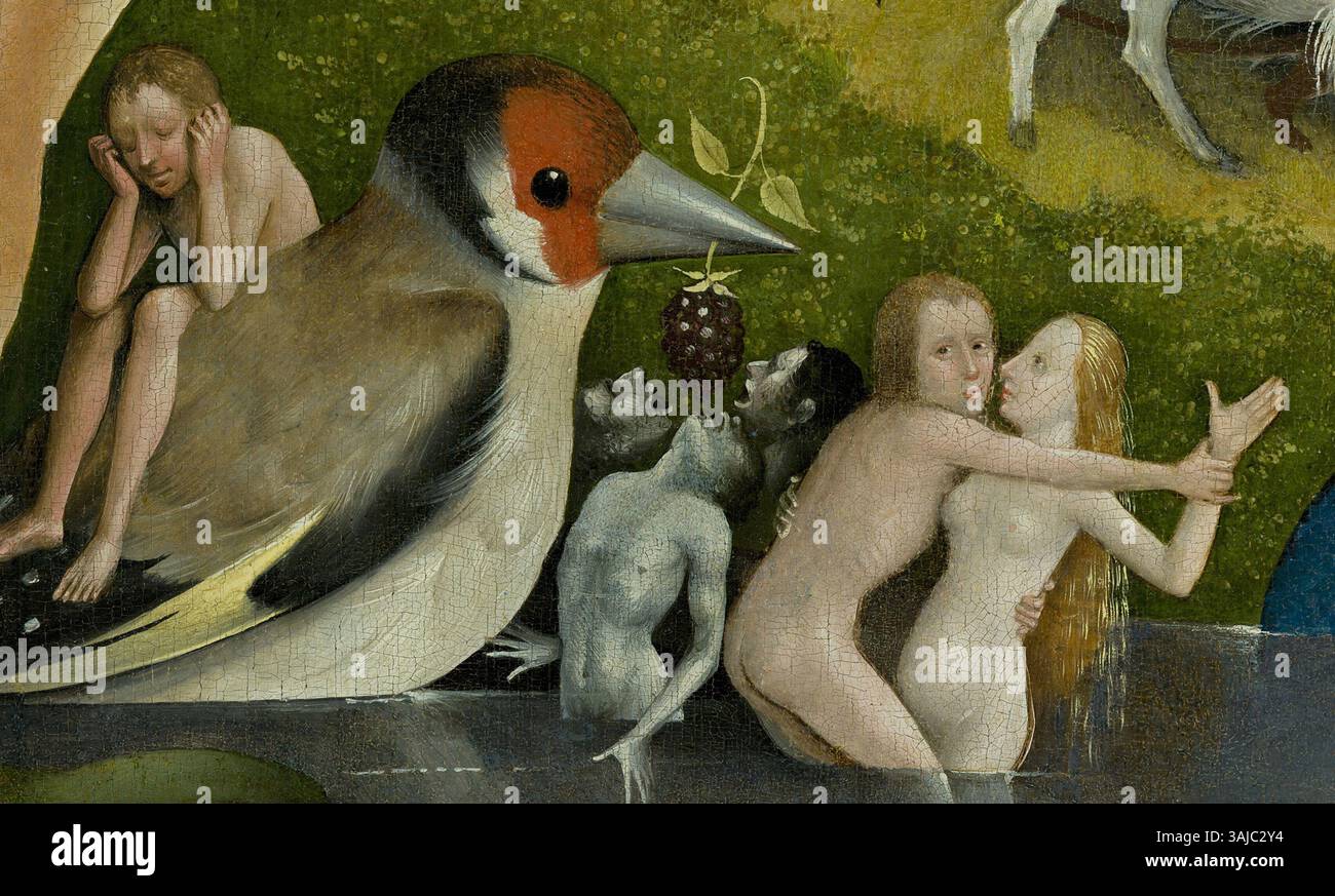 Der Garten der Erdenfreuden, ein Triptychon von Hieronymus Bosch (um 1450–1516), entstand zwischen 1495 und 1505 und zeigt das Paradies, den irdischen Genuss und die Hölle in einer detaillierten, surrealen Landschaft. Diese hochauflösende Pflanze konzentriert sich auf die lebendigen religiösen und symbolischen Elemente des Gemäldes. Das Werk befindet sich im Museo del Prado, Spanien. Stockfoto