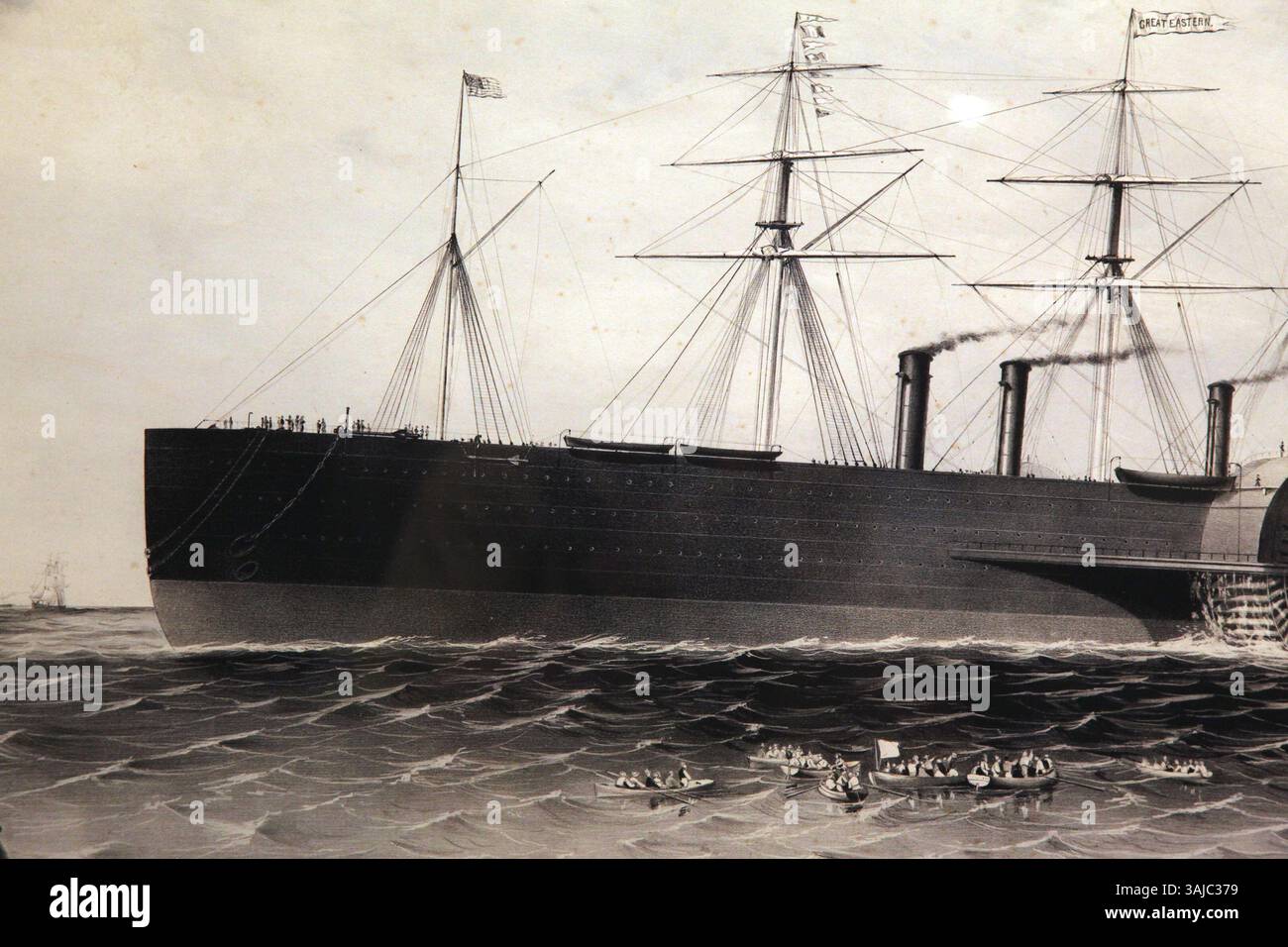 Diese Lithografie von Charles Parsons aus dem Jahr 1860 zeigt die SS Great Eastern und zeigt die enorme Größe und technologische Leistung dieses Dampfschiffs aus dem 19. Jahrhundert. Stockfoto