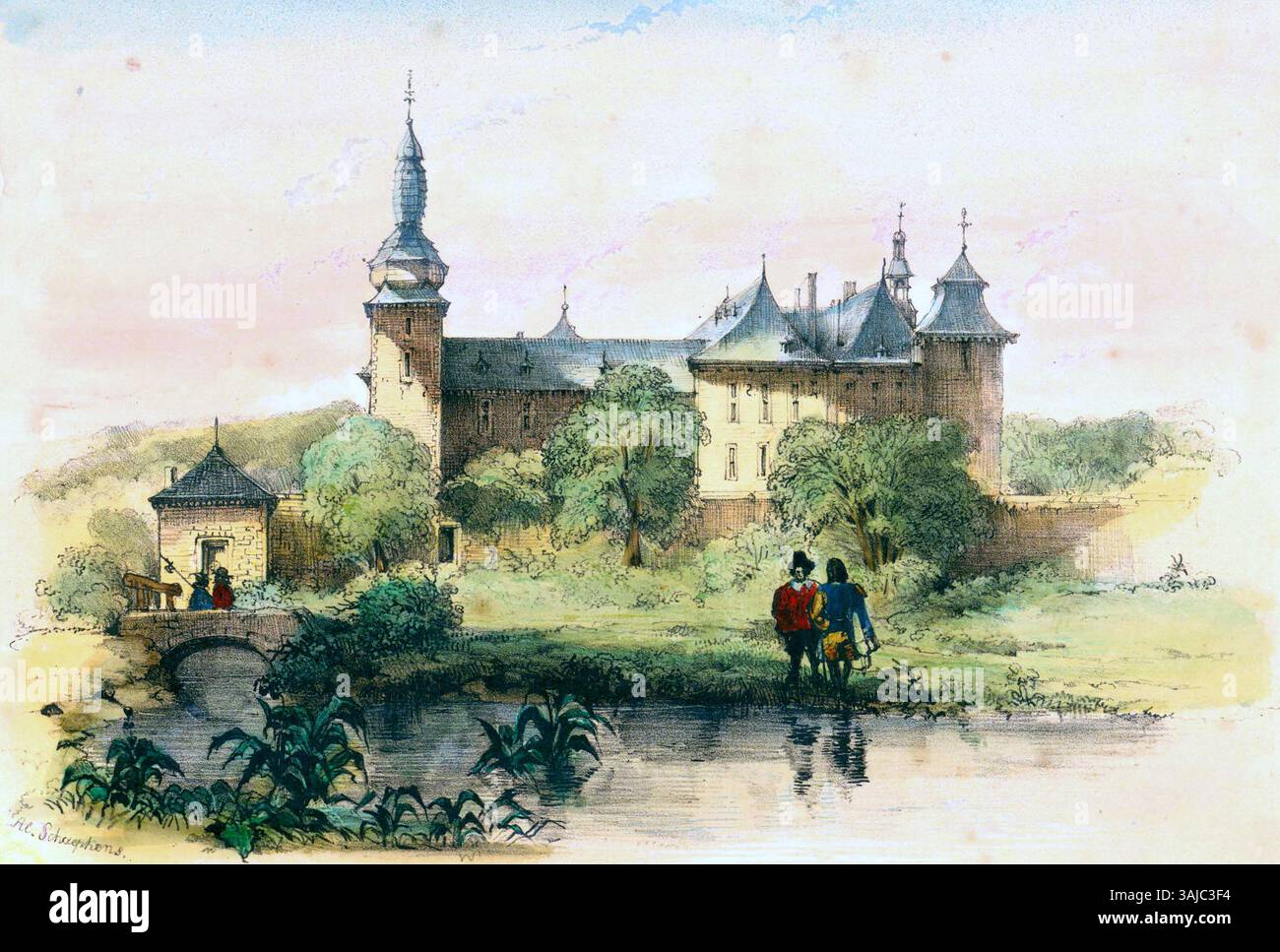 Die um 1840 entstandene Lithografie von Alexander Schaepkens zeigt das heute abgerissene Kasteel Geulle in Limburg. Die Lithografie, die Teil der Sammlung „Vues dans le Limbourg“ ist, erfasst die architektonischen Merkmale der Burg vor dem Abriss im Jahr 1847. Stockfoto