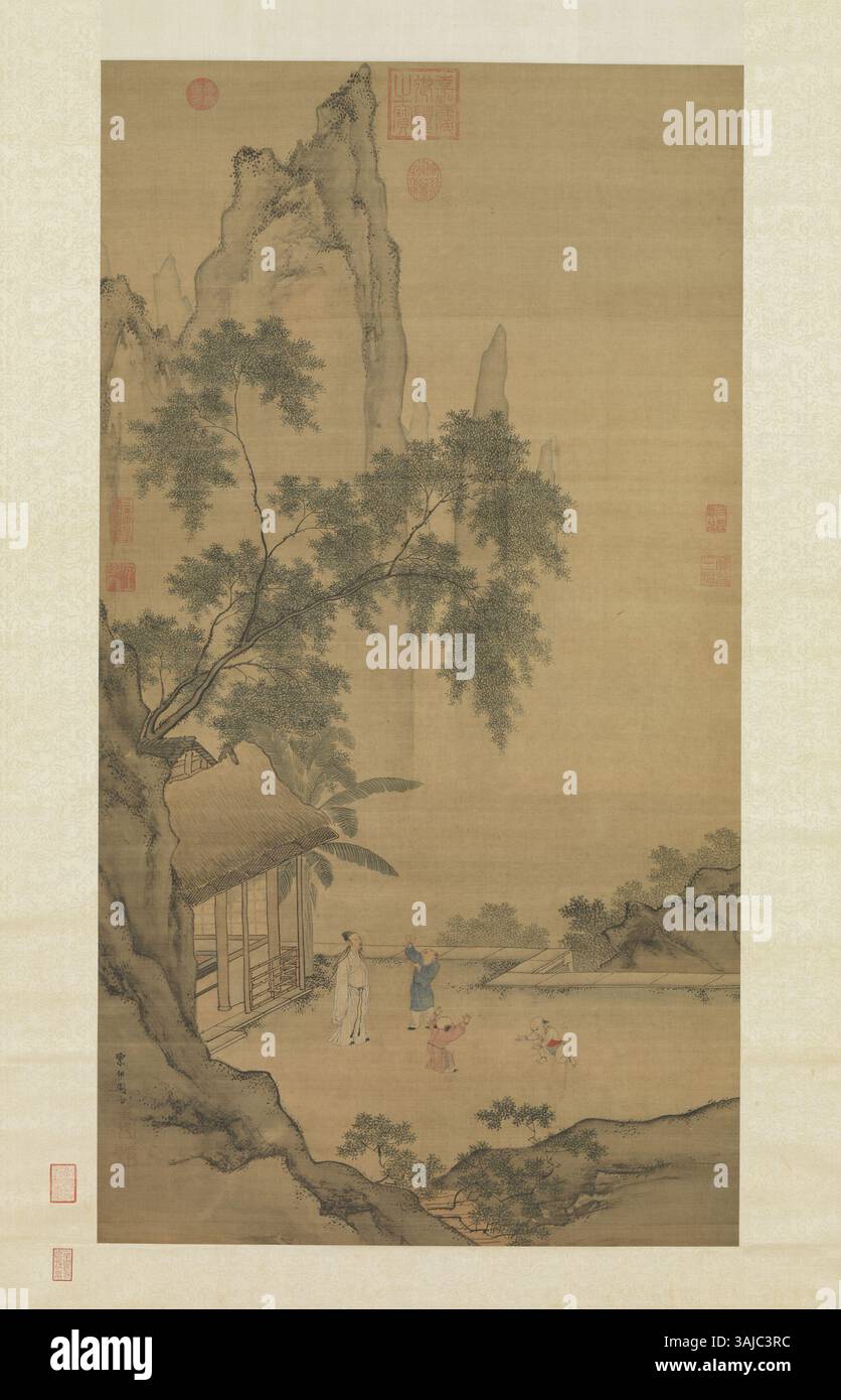 Zhou Chens Gemälde „After the Line „idly Watching Children Catch Willow Flowers“ zeigt eine spielerische Szene von Kindern, die mit der Natur interagieren. Das Bild fängt die sorglose und freudige Natur der Kindheit ein, vor dem Hintergrund von Weiden und fließendem Wasser. Stockfoto