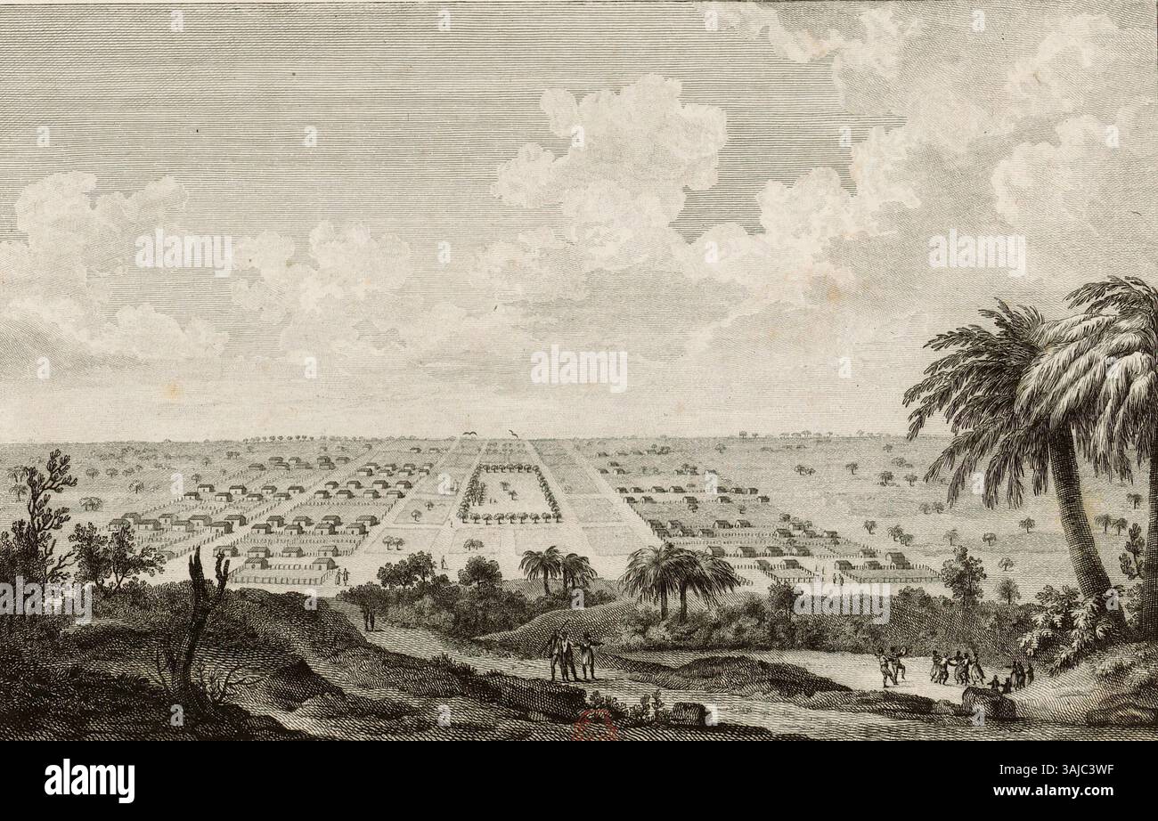 Diese Darstellung von Alexis-Nicolas Pérignon und Nicolas Ponce aus dem Jahr 1791 zeigt die Stadt Bombardopolis in Haiti und bietet einen Einblick in die Küstenlandschaft. Stockfoto