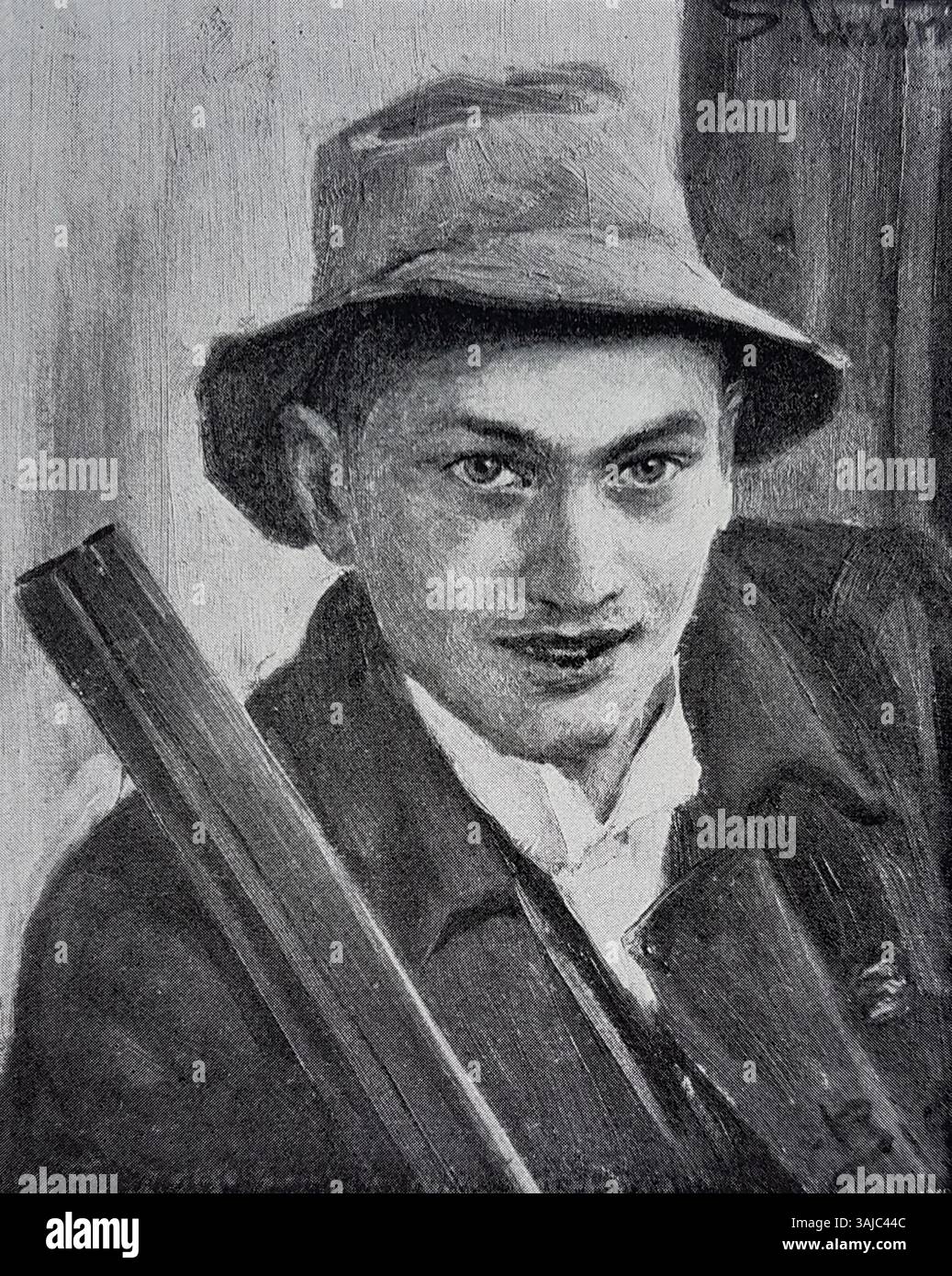 Ein Gemälde mit dem Titel „der Jäger“ von Oscar Björck, das einen Jäger detailliert und realistisch darstellt und den schwedischen Realismus des frühen 20. Jahrhunderts widerspiegelt. Stockfoto