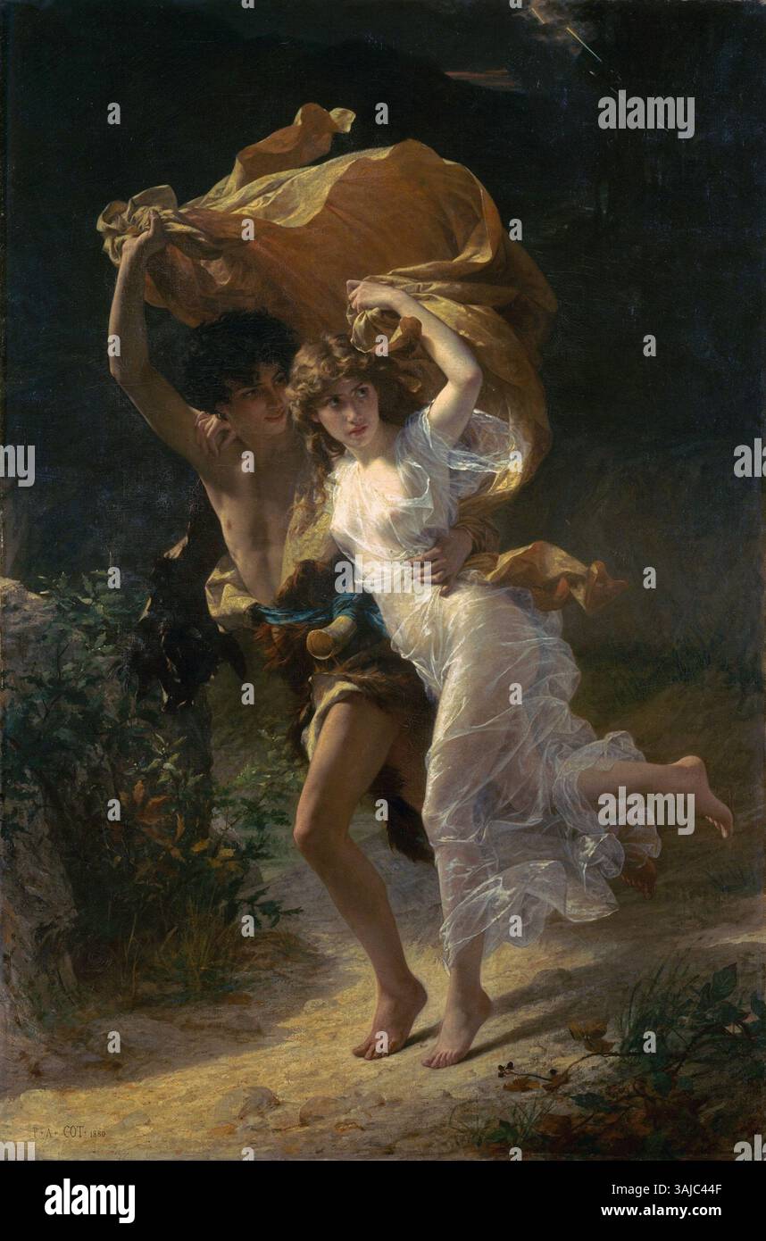 „The Storm“ (1880) von Pierre Auguste Cot, ein Ölgemälde, zeigt eine dramatische, romantische Szene zweier Figuren in emotionaler Umarmung inmitten eines Sturms. Das Gemälde betont die Themen der Kraft der Natur und der menschlichen Emotionen, die charakteristisch für die Genrekunst des späten 19. Jahrhunderts sind. Stockfoto