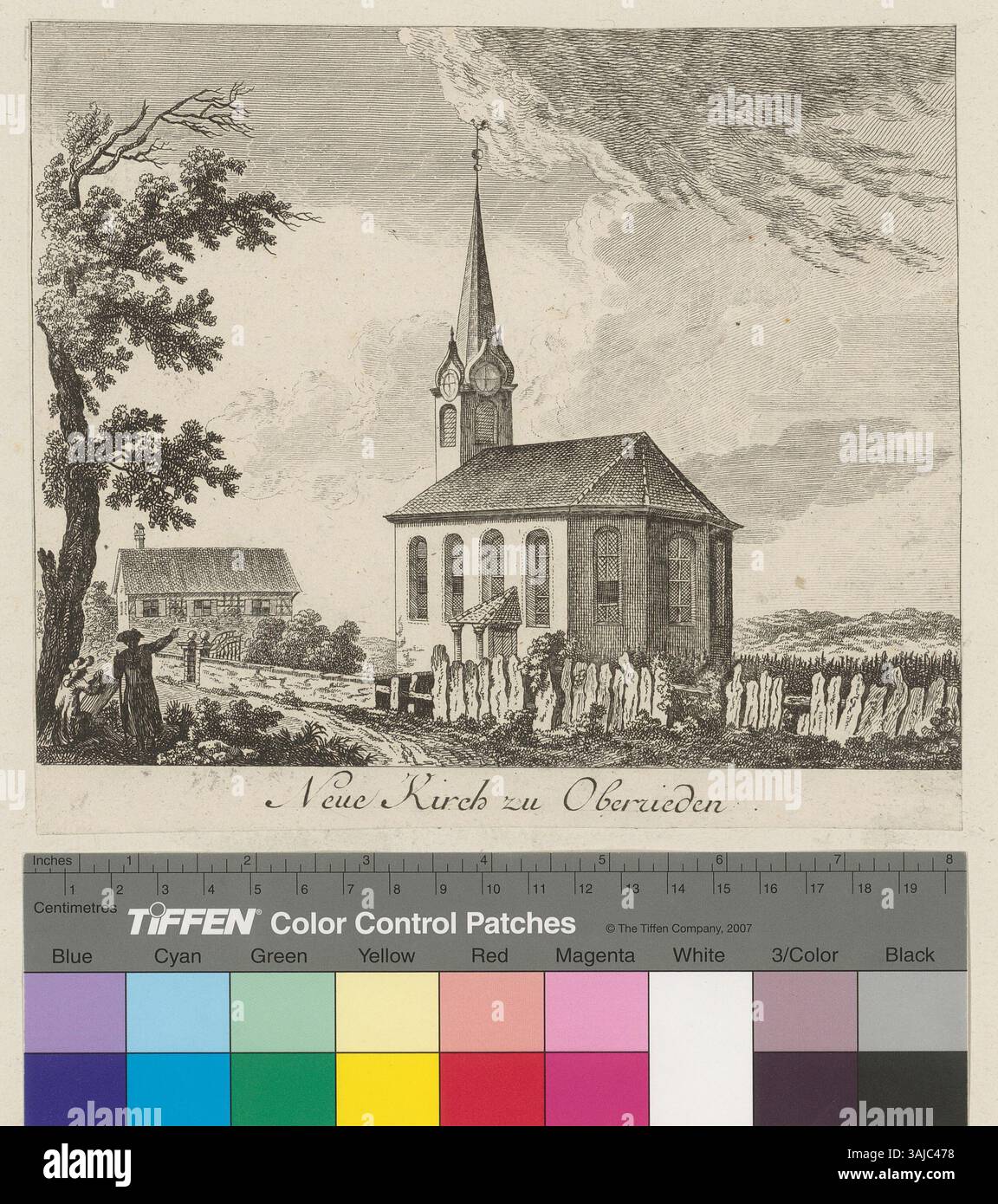 Druck der Neuen Kirche in Oberrieden aus dem 18. Jahrhundert, geschaffen von Johann Jakob Meyer und Heinrich Pfenninger. Dieses Stück stammt aus der Zeit um 1782. Stockfoto