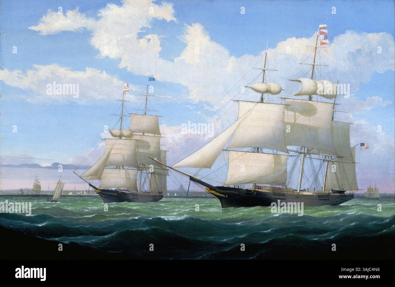 *The Ships Winged Arrow and Southern Cross in Boston Harbor* (1853) von Fitz Henry Lane zeigt zwei amerikanische Clipper-Schiffe, die im Hafen angedockt sind. Das Ölgemälde, das im Cincinnati Art Museum untergebracht ist, veranschaulicht Lanes Geschick in der Darstellung des maritimen Lebens. Stockfoto