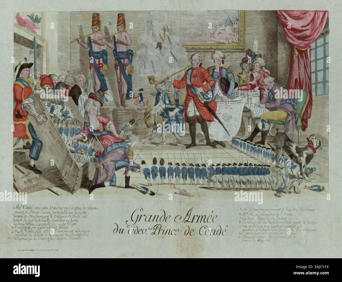 Französischer Kupferstich aus dem Jahr 1791, der die Grande Armée unter dem Kommando des ehemaligen Prinzen von Condé darstellt. Sie veranschaulicht die militärische und royalistische Opposition gegen die revolutionären Kräfte während der Französischen Revolution. Stockfoto