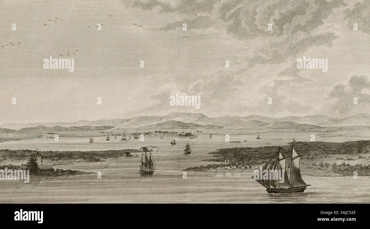 Diese 1791 von Nicolas Ozanne und Nicolas Ponce gezeigte Ansicht zeigt die Bucht von Fort-Dauphin in Haiti und bietet einen Einblick in die Küstenlandschaft und Befestigungsanlagen. Stockfoto