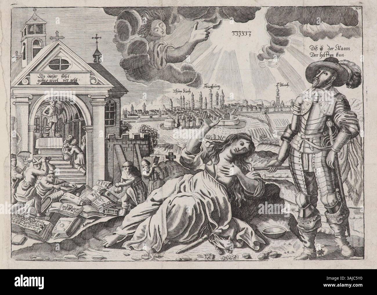 Dieser Kupferstich aus Augsburg aus dem Jahr 1632 zeigt eine protestantische politische Propagandaschrift gegen Katholiken. Es zeigt eine allegorische Szene mit einer bettelnden Augsburger Frau, Götzenanbetung, einem Buchhaufen und König Gustav Adolf als Kürassier. Das Kunstwerk reflektiert die religiösen Spannungen der Zeit, insbesondere im Zusammenhang mit dem Dreißigjährigen Krieg. Stockfoto