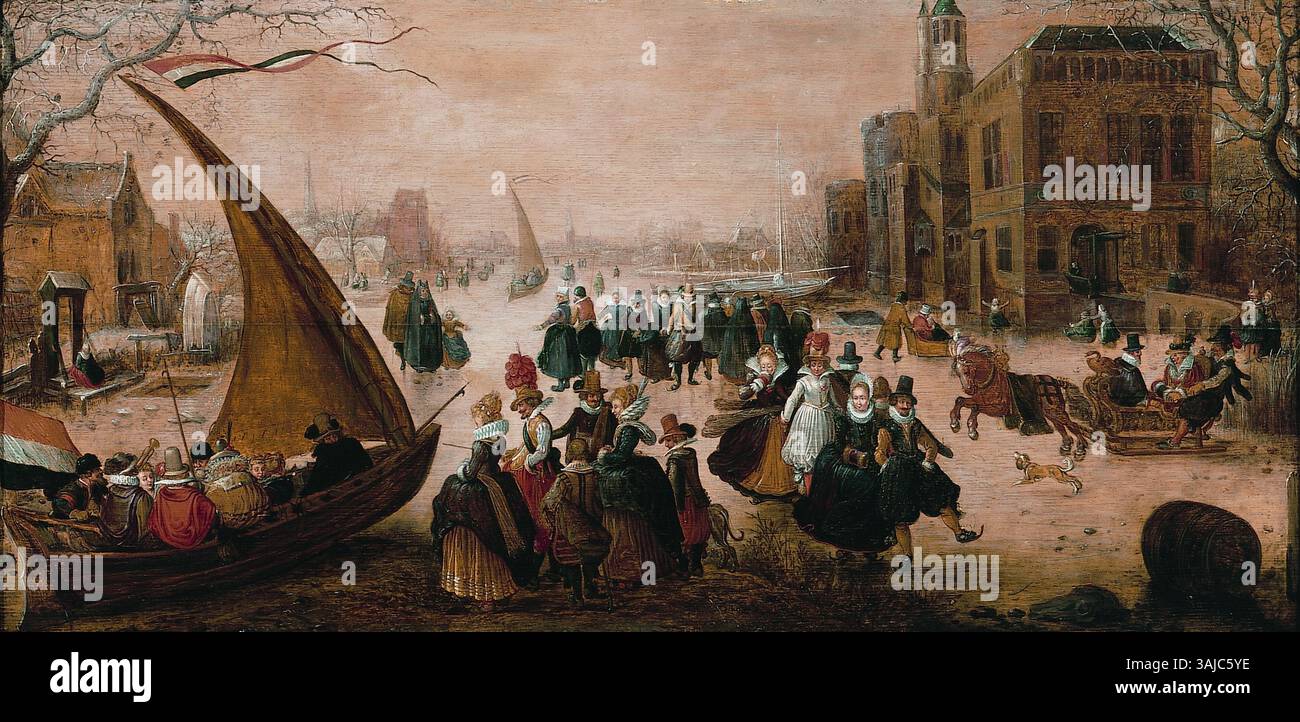 Dieses Gemälde von Adam van Breen aus dem Jahr 1610 zeigt eine Winterszene mit Figuren, die auf den gefrorenen Kanälen einer niederländischen Stadt laufen und segeln. Das Kunstwerk zeigt die hohe gesellschaftliche Klasse der Zeit, mit den Figuren in eleganter Kleidung. Es ist ein Beispiel für niederländische Winterlandschaften aus dem Goldenen Zeitalter. Stockfoto
