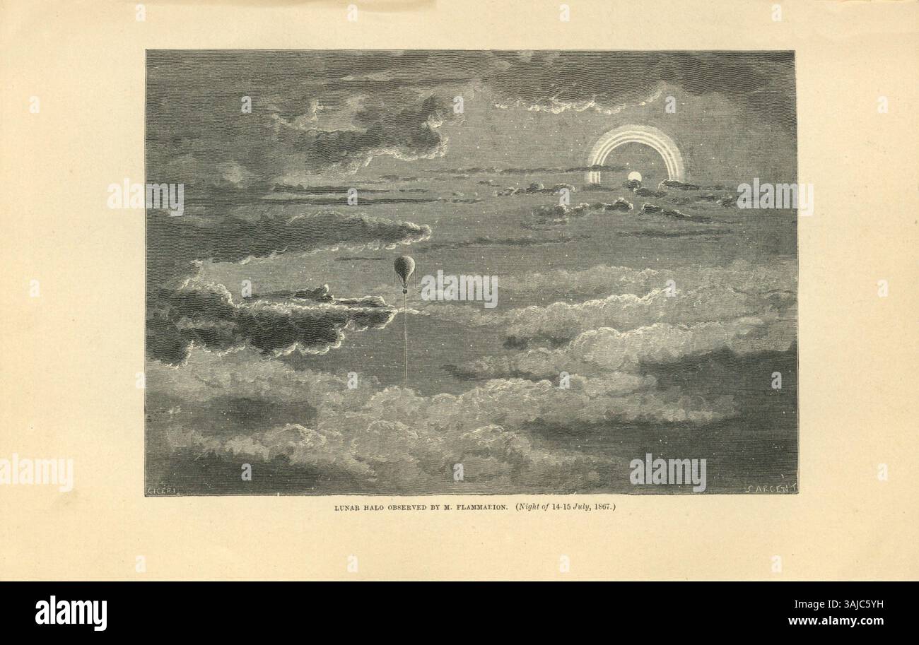 Die zweite Ausgabe von „Travels in the Air“ von James Glaisher, Camille Flammarion, Gaston Tissandier und Wilfrid de Fonvielle aus dem Jahr 1871 beschreibt die Geschichte des frühen Fluges und beschreibt technische Herausforderungen und Fortschritte in der Ballontechnologie. Stockfoto