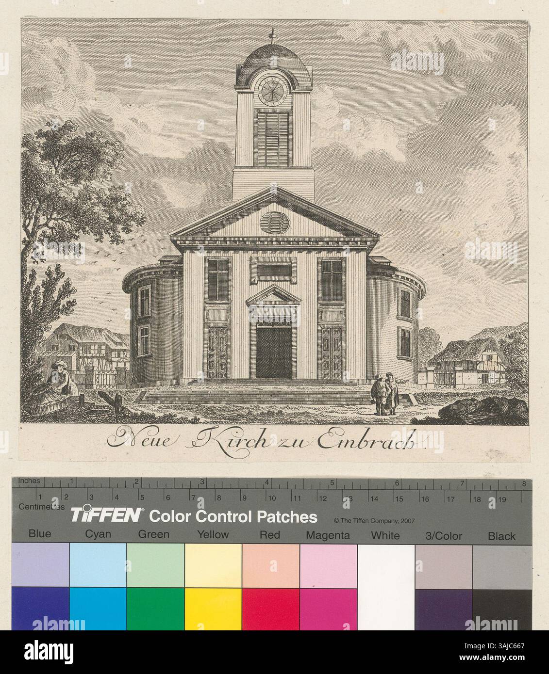 Diese um 1782 entstandene Ätzung von Heinrich Pfenninger und Johann Jakob Meyer zeigt die neue Kirch in Embrach. Das Stück in der Sammlung der Zentralbibliothek Zürich misst 17,2 x 19,9 cm und ist Teil ihres umfangreichen grafischen Archivs. Stockfoto