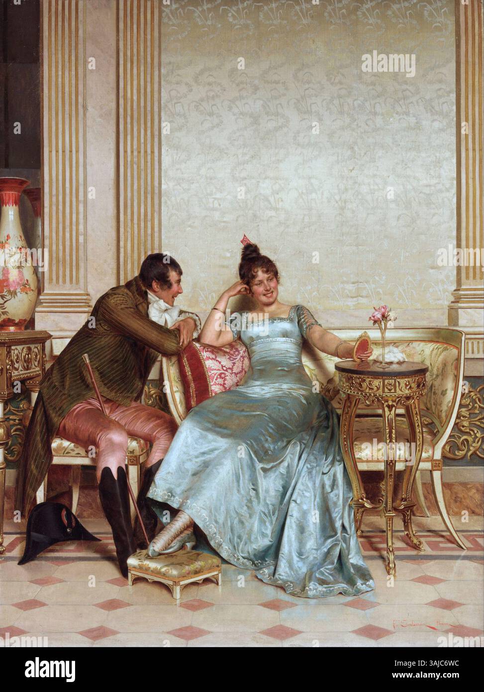 Dieses Gemälde von Frédéric Soulacroix mit dem Titel *A Merry Jest* fängt einen Moment unbeschwerten Humors ein und zeigt Figuren, die spielerisch miteinander interagieren. Das Kunstwerk spiegelt Soulacroix' Fähigkeit wider, menschliche Emotionen zu schildern, mit lebhaften Farben und einer lebhaften Atmosphäre. Es ist ein gutes Beispiel für die Genremalerei im 19. Jahrhundert. Stockfoto