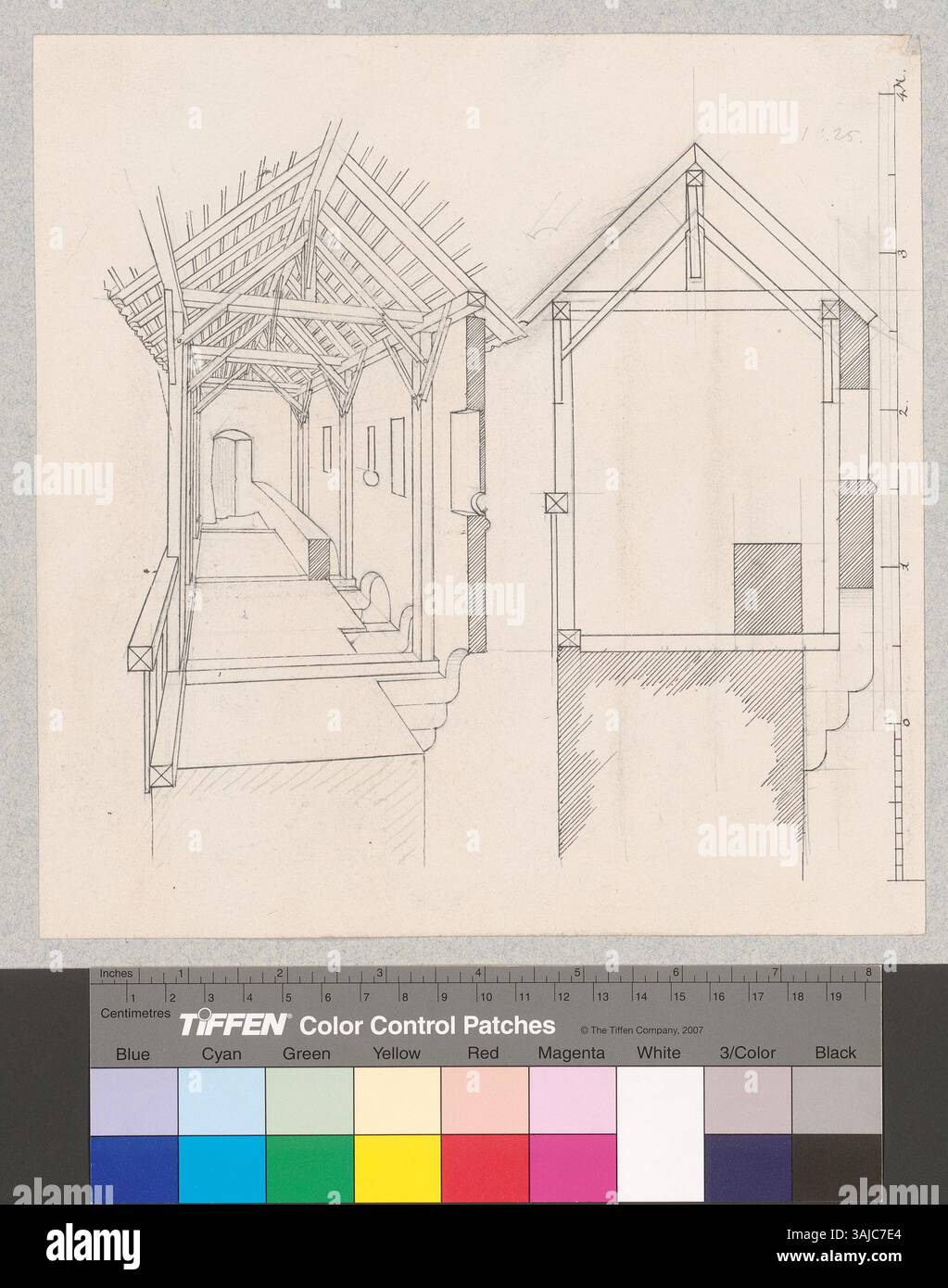 Querschnittsansicht und Erhebung des Mordgangs vom Schützentürmchen zum quadratischen Turm bei Schloss Chillon, Veytaux, von Johann Rudolf Rahn zwischen 1860 und 1887 gefangen genommen. Stockfoto