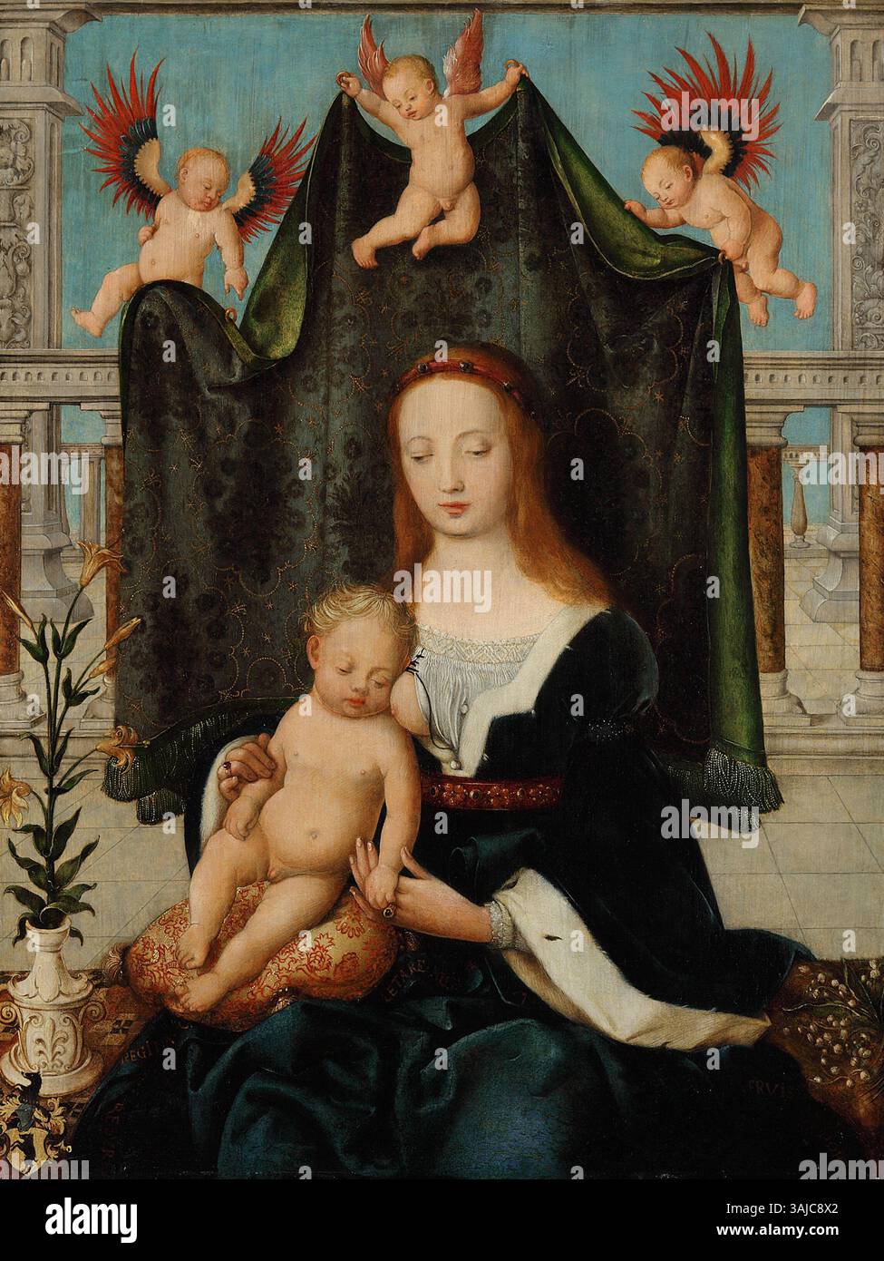 Dieses um 1520 entstandene religiöse Gemälde zeigt die Jungfrau Maria, die das schlafende Christkind in ihren Armen hält. Das in der Gemäldegalerie Berlin beheimatete Werk spiegelt Holbeins Liebe zum Detail und die zarte Darstellung der Figuren wider. Stockfoto