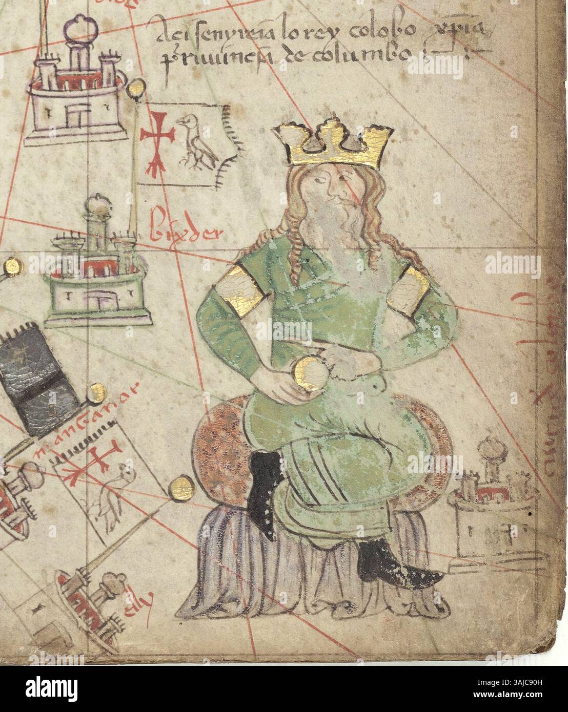 Der katalanische Atlas von 1375 zeigt die Darstellung des Königs von Colombo, geschaffen von Cresques Abraham. Diese mittelalterliche Manuskript gibt Einblick in das geographische Wissen des 14. Jahrhunderts. Stockfoto