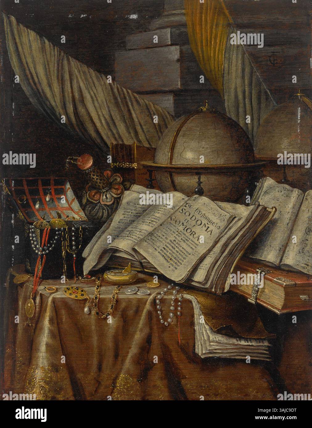 Dieses Vanitas-Stillleben von Edward Collier, das um 1650 entstand, enthält eine Kugel, Bücher und Schmuckstücke, die auf einem Tisch mit Vorhang angeordnet sind. Stockfoto