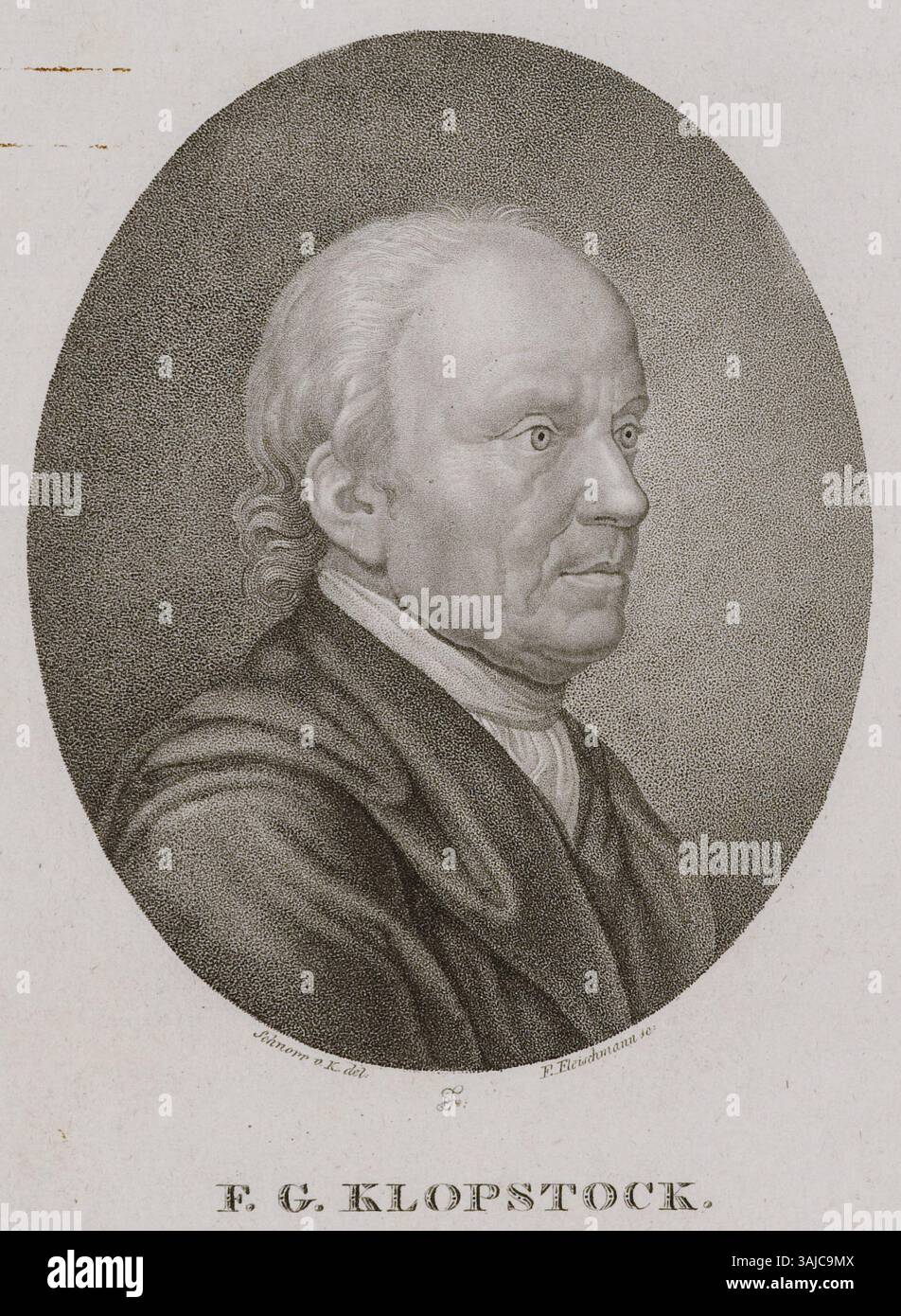 Der Kupferstich von Friedrich Gottlieb Klopstock, geschaffen von Friedrich Fleischmann und Schnorr von Carolsfeld, zeigt den Beitrag des Dichters zur deutschen Literatur. Das Porträt ist in der Staats- und Universitätsbibliothek Hamburg untergebracht. Stockfoto