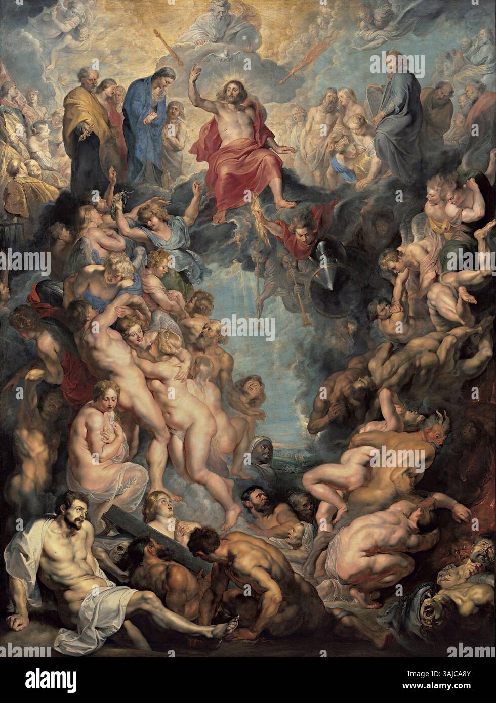 Das große Jüngste Gericht, gemalt von Peter Paul Rubens um 1617, zeigt die biblische Szene des Tages des Gerichts. Dieses Ölgemälde fängt die dramatische Intensität und die dynamischen Figuren ein, die für Rubens Barockstil typisch sind. Stockfoto
