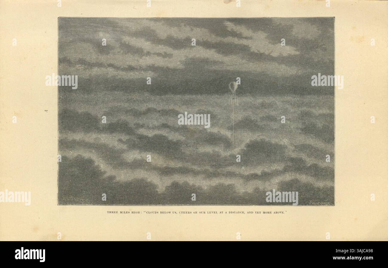„Travels in the Air“ von James Glaisher und Kollegen im Jahr 1871 bietet einen umfassenden Einblick in frühe Ballonfahrten. Die zweite Ausgabe des Buches, übersetzt aus „Voyages aériens“, befasst sich mit wissenschaftlichen Studien über Luftreisen und frühe Luftfahrttechnik. Stockfoto