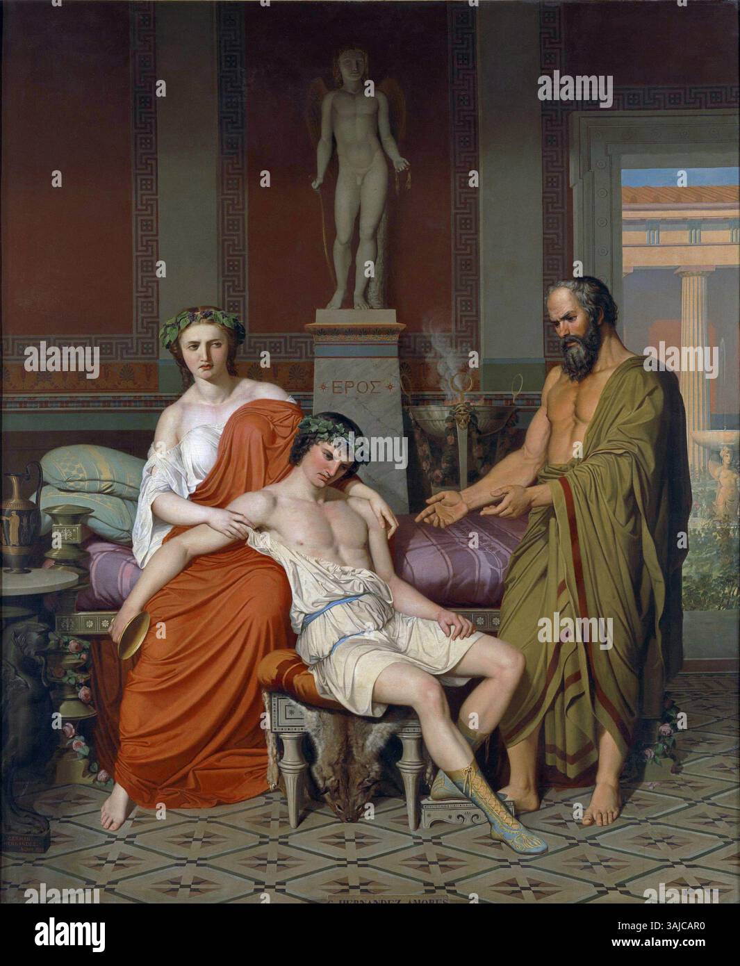 „Sokrates Chiding Alcibiades in the Home of a Kurtisane“ von Germán Hernández Amores, gemalt 1857, mit einer klassischen Szene aus dem antiken Griechenland, in der Sokrates Alcibiades in Gegenwart einer Kurtisane ermahnt. Stockfoto