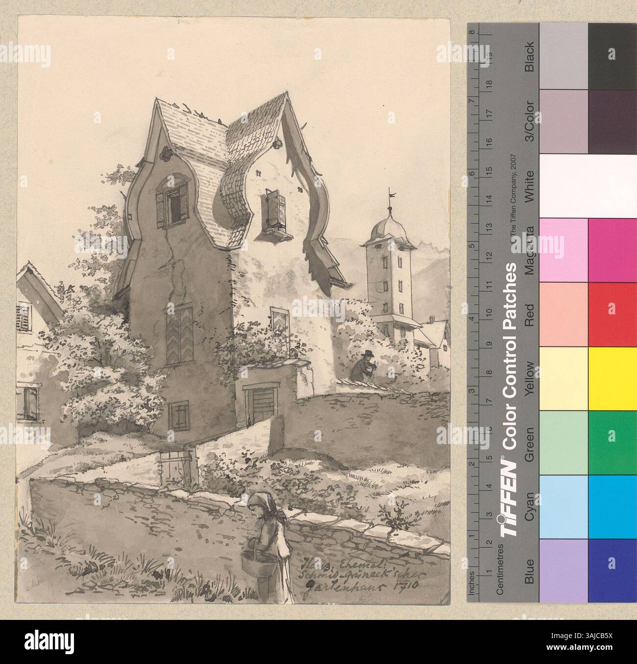 Diese Abbildung zeigt das Äußere des ehemaligen Gartenhauses Schmid-Grünneck in Ilanz, Schweiz, das 1710 erbaut wurde. Im Hintergrund befindet sich der Turm Casa Gronda. Stockfoto