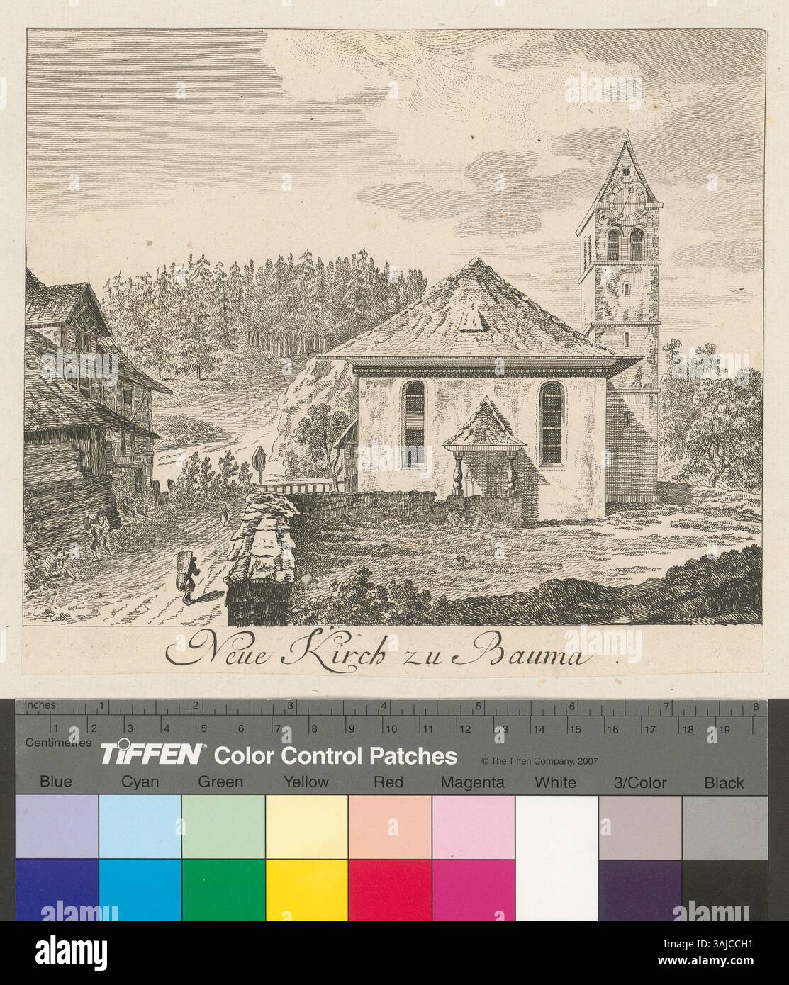 Diese um 1782 entstandene Ätzung zeigt die neue Kirche in Bauma, einem ländlichen Ort bei Zürich, und bietet eine detaillierte Darstellung der Kirchenarchitektur. Der Druck wird Heinrich Pfenninger und Johann Jakob Meyer zugeschrieben. Stockfoto