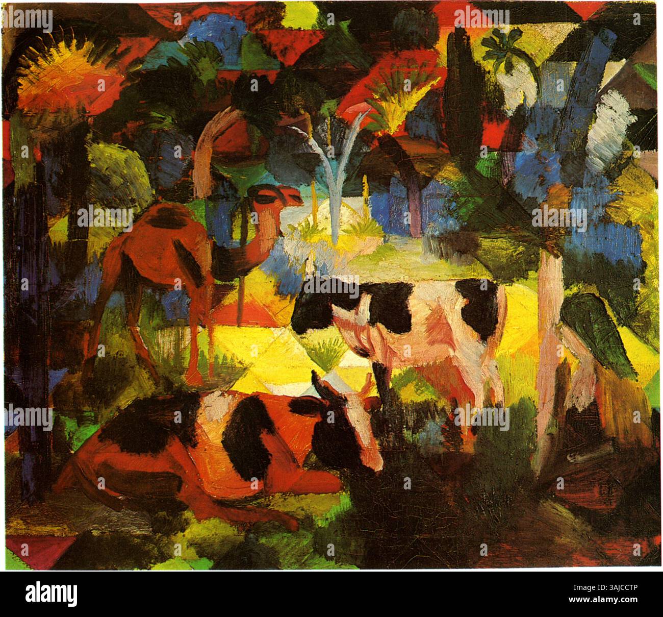 „Landschaft mit Kühen und Kamel“ von August Macke, gemalt Anfang des 20. Jahrhunderts, mit einer Landschaft mit Kühen und einem Kamel. Stockfoto