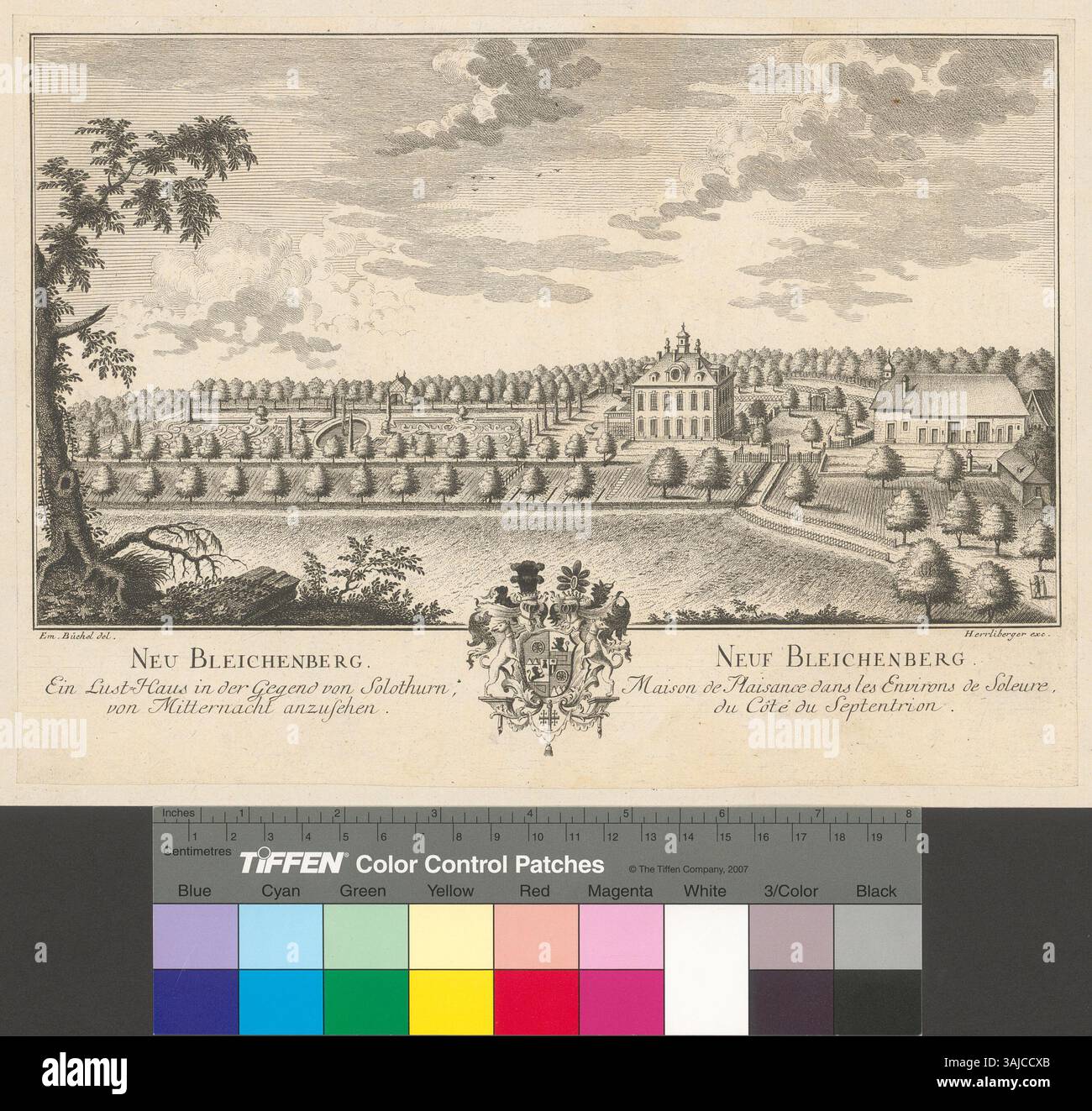 Diese Ätzung von Emanuel Büchel aus dem Jahr 1775 zeigt Neu Bleichenberg, ein Lusthaus im Solothurner Gebiet, aus dem Norden. Der Druck war Teil von Herrlibergers umfassendem Werk zur Schweizer Topographie, das regionale Architektur und Landschaften illustrierte. Der Druck misst 20,3 x 28 cm. Stockfoto