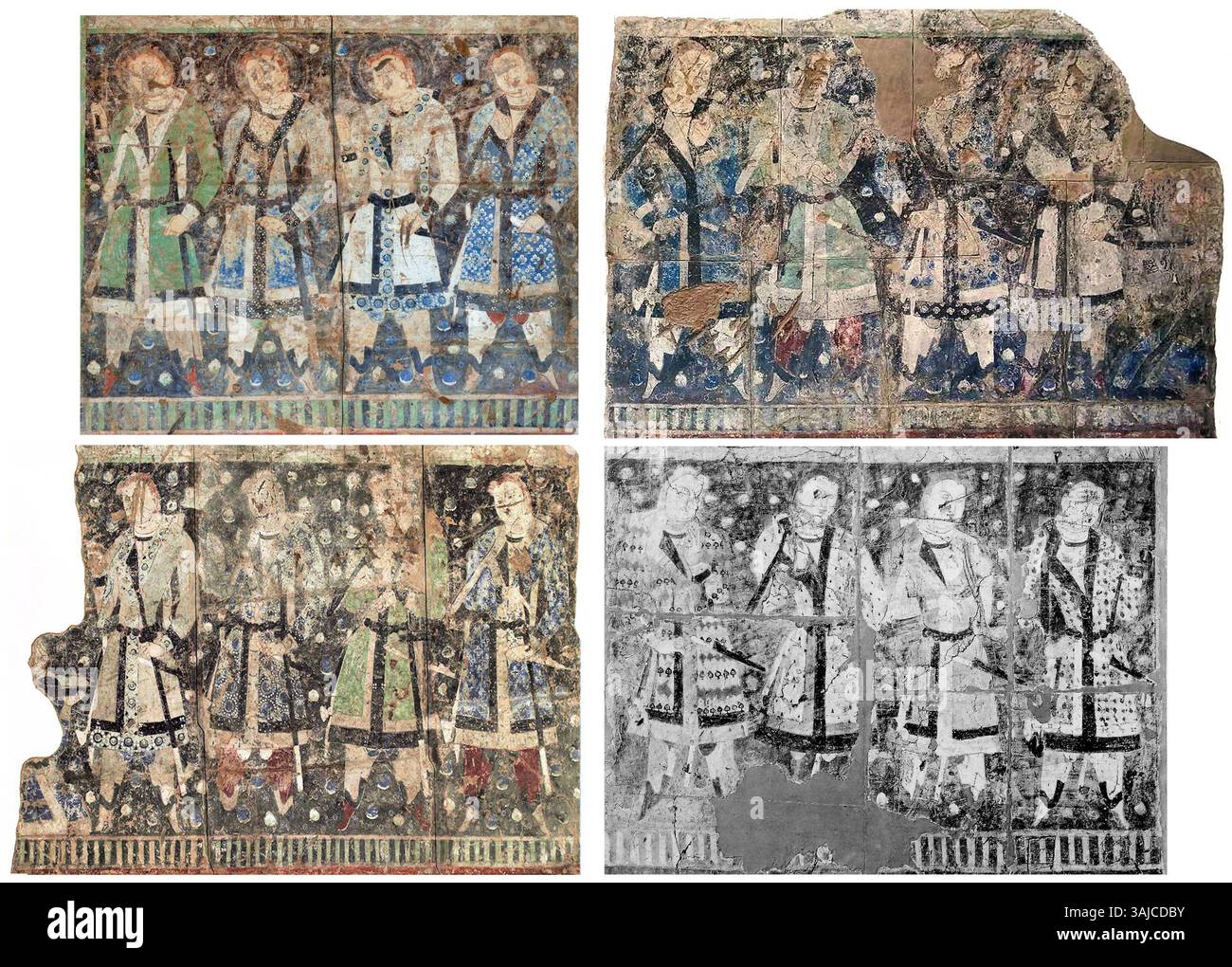 Dieses Gemälde aus dem 6. Bis 7. Jahrhundert, das in den Kizil-Höhlen gefunden wurde, zeigt sechzehn Schwertträger in einer Szene, die alte Militärfiguren zeigt. Die Arbeit gibt Einblicke in die visuelle Kultur des frühen Zentralasiens. Stockfoto