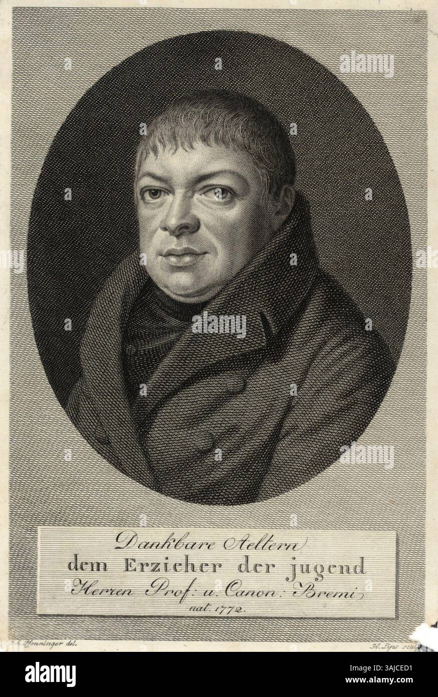 Der Kupferstich zeigt Johann Heinrich Bremi, einen Schweizer Akademiker und Politiker. Das Stück ist ein Stich von Johannes Pfenninger mit detaillierten Linien- und Porträtarbeiten, die typisch für diese Zeit sind. Dieses Kunstwerk ist in der Burgerbibliothek Bern erhalten. Stockfoto