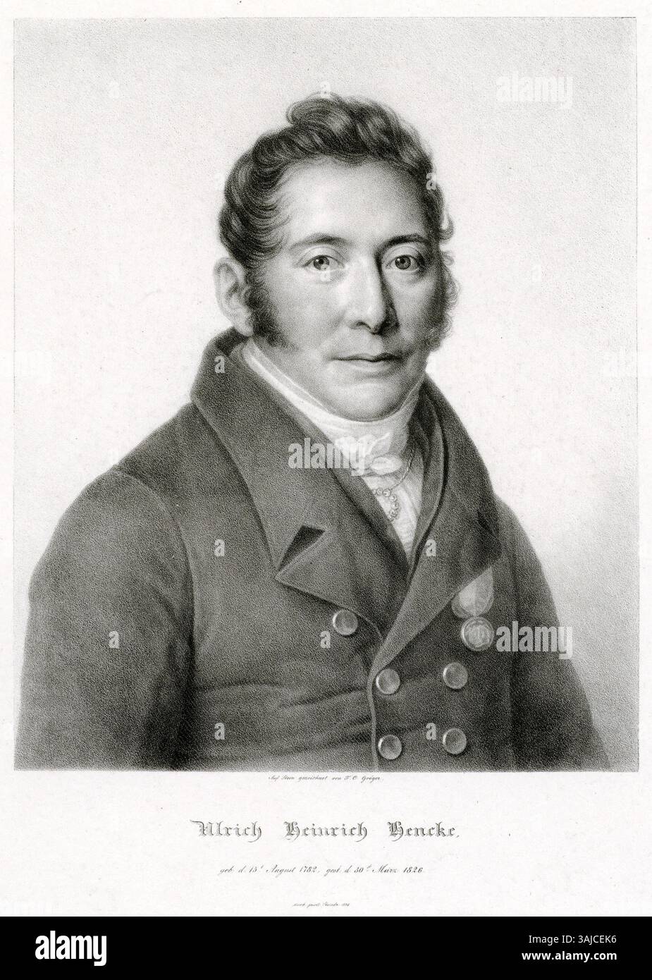 Lithographisches Porträt von Ulrich Heinrich Hencke, erstellt von Friedrich Karl Gröger 1826. Untergebracht in der Staats- und Universitätsbibliothek Hamburg Carl von Ossietzky. Stockfoto