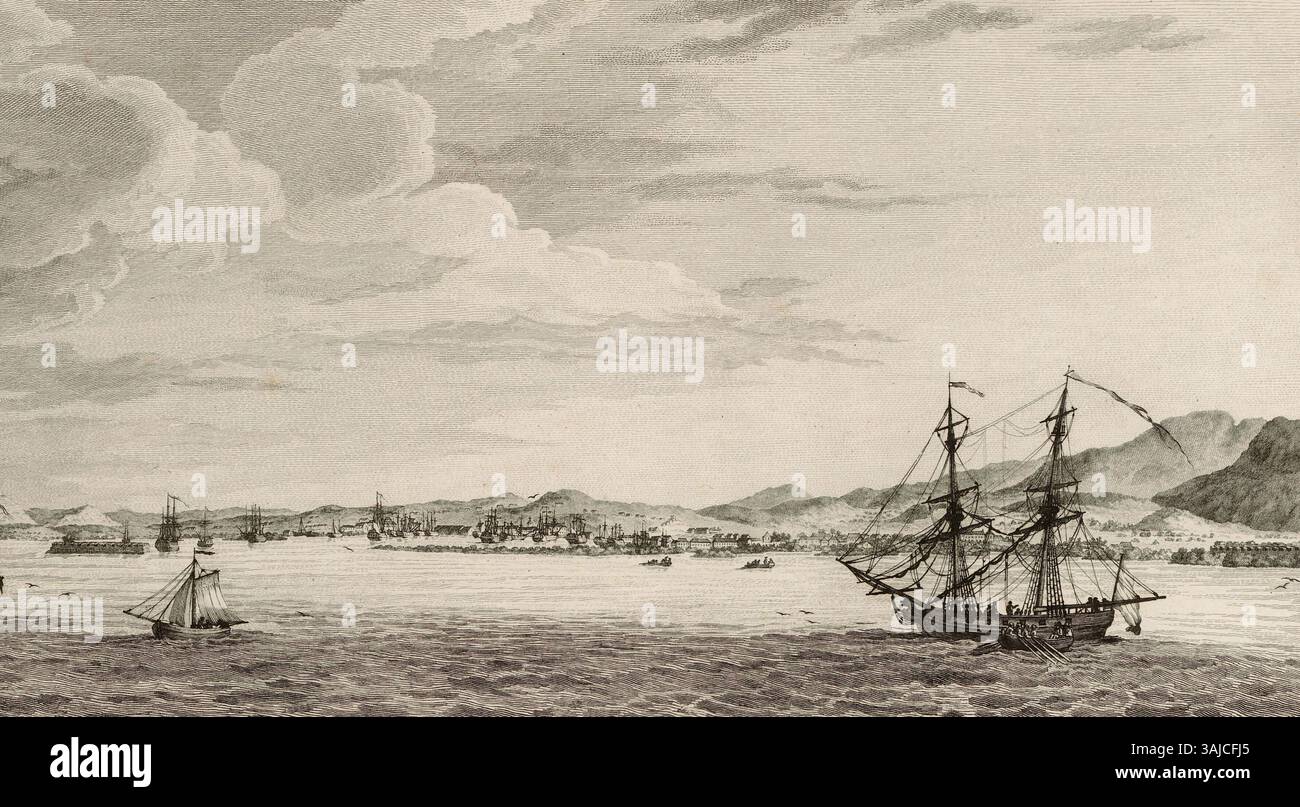 Dieser Blick von Alexis-Nicolas Pérignon und Nicolas Ponce aus dem Jahr 1791 veranschaulicht den Hafen von Port-au-Prince und erfasst seine Hafen- und Küstenumgebung. Stockfoto