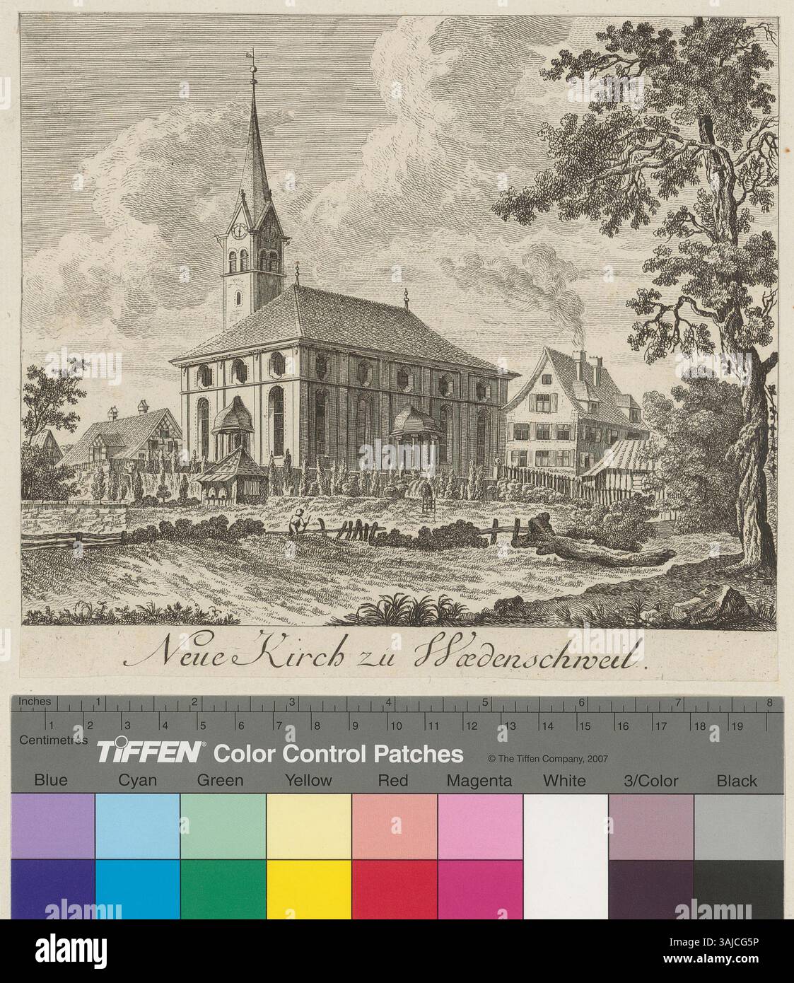 Radierung aus der Zeit um 1782 mit Darstellung der Neuen Kirche in Wädenschweil, ein weiteres Werk von Johann Jakob Meyer und Heinrich Pfenninger. Stockfoto