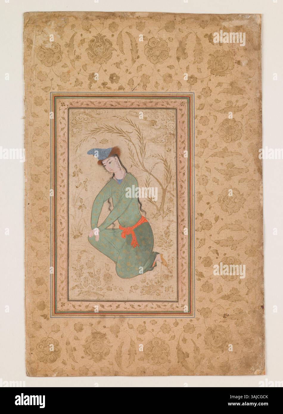 Dieses Kunstwerk aus dem frühen 17. Jahrhundert mit dem Titel „kniende Jugend“ ist ein Kunstwerk aus Tinte, Gouache und Gold auf Papier, das sich im Saint Louis Art Museum befindet. Das Bild zeigt eine junge Figur in kniender Pose, die mit komplizierten Details dargestellt ist und den künstlerischen Stil der Zeit widerspiegelt. Stockfoto