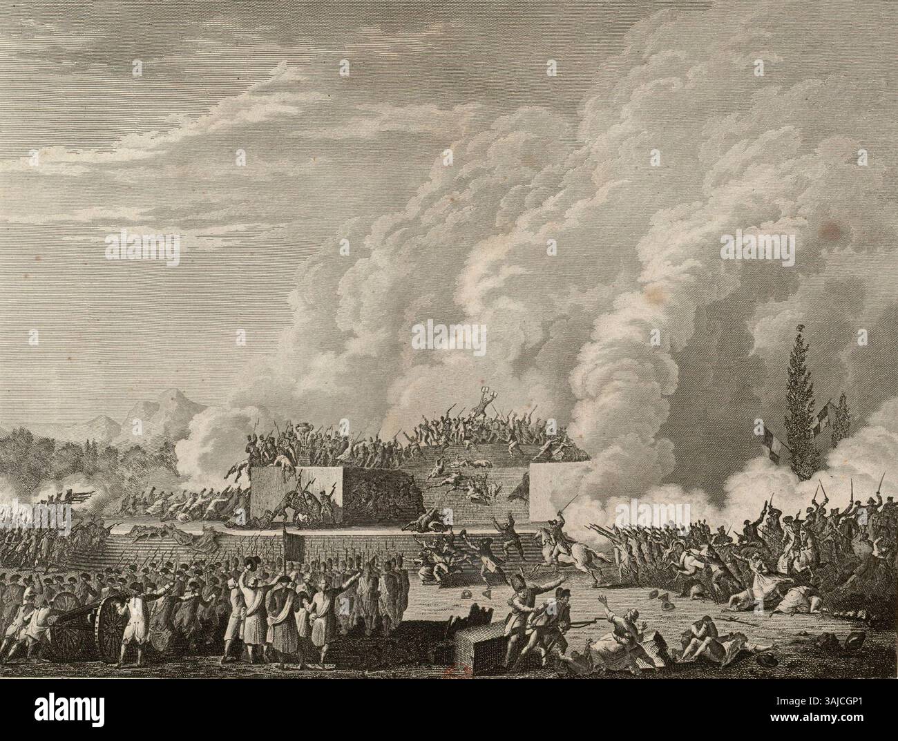 Eine Radierung, die das Massaker am Champ de Mars am 17. Juli 1791 während der Französischen Revolution von Pierre-Gabriel Berthault darstellt. Der Druck zeigt die Erklärung des Kriegsrechts und die gewaltsame Unterdrückung. Stockfoto