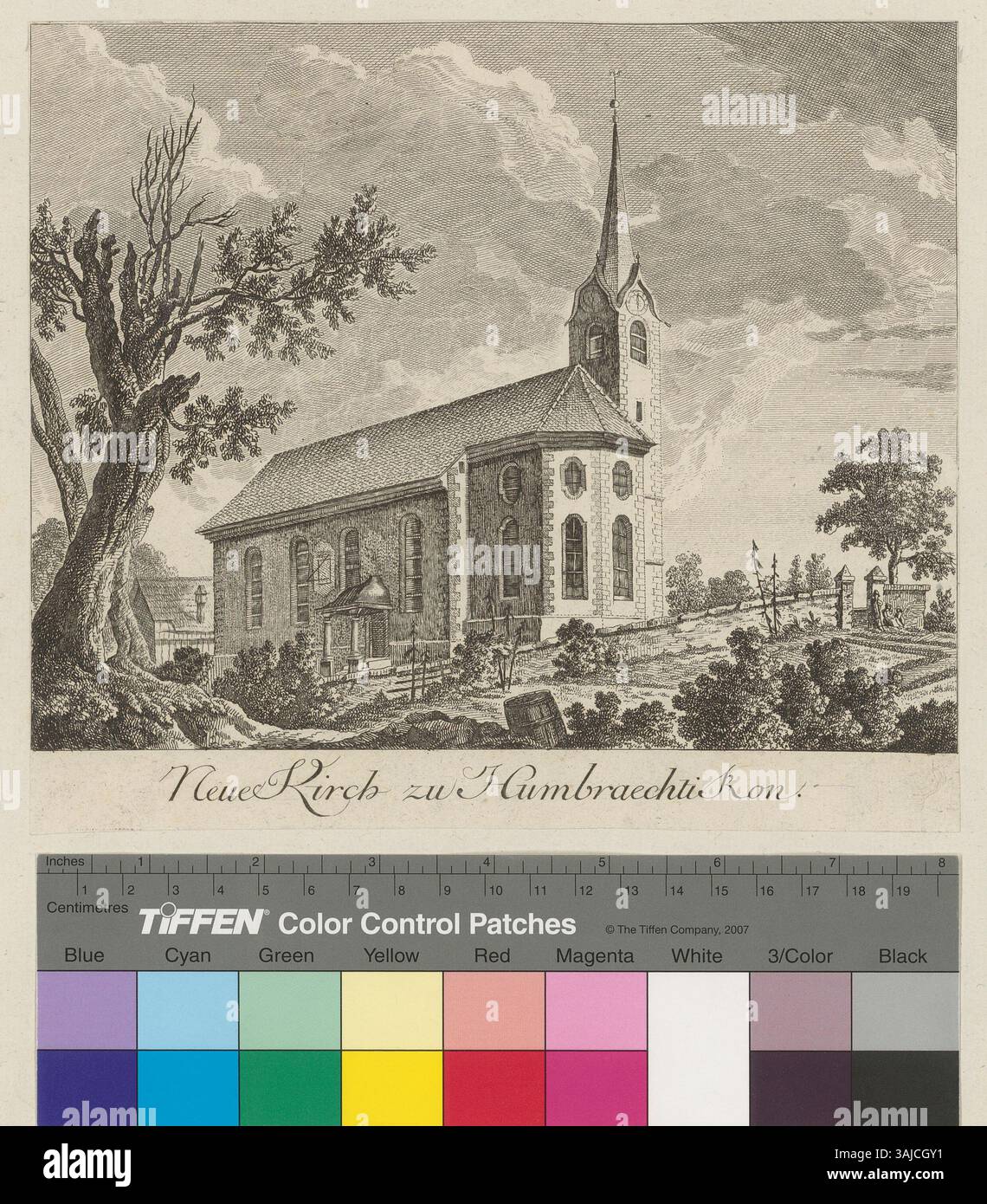 Diese Gravur aus der Zeit um 1782, die Johann Jakob Meyer zugeschrieben wird, zeigt die neue Kirche in Humbraechtikon in der Region Zürich. Es ist Teil einer Reihe von religiösen Bauten und war zuvor im Besitz von Heinrich Pfenninger und Friedrich Steinfels. Stockfoto