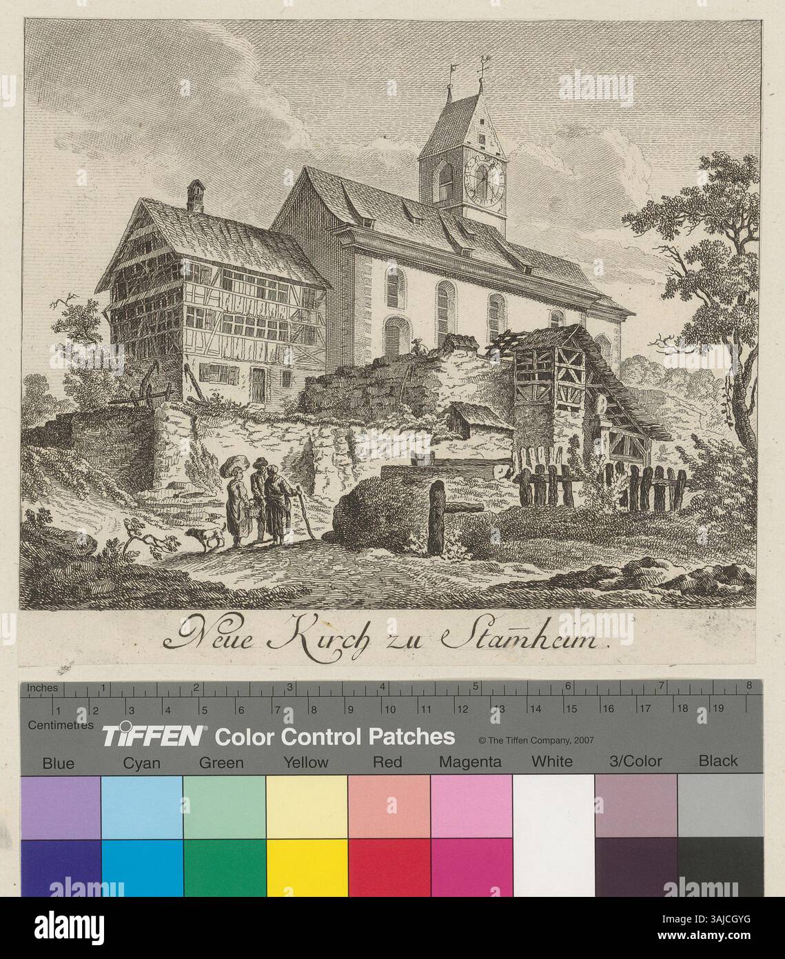 Radierung aus der Zeit um 1782 mit Darstellung der Neuen Kirche in Stammheim, geschaffen von Johann Jakob Meyer und Heinrich Pfenninger. Stockfoto
