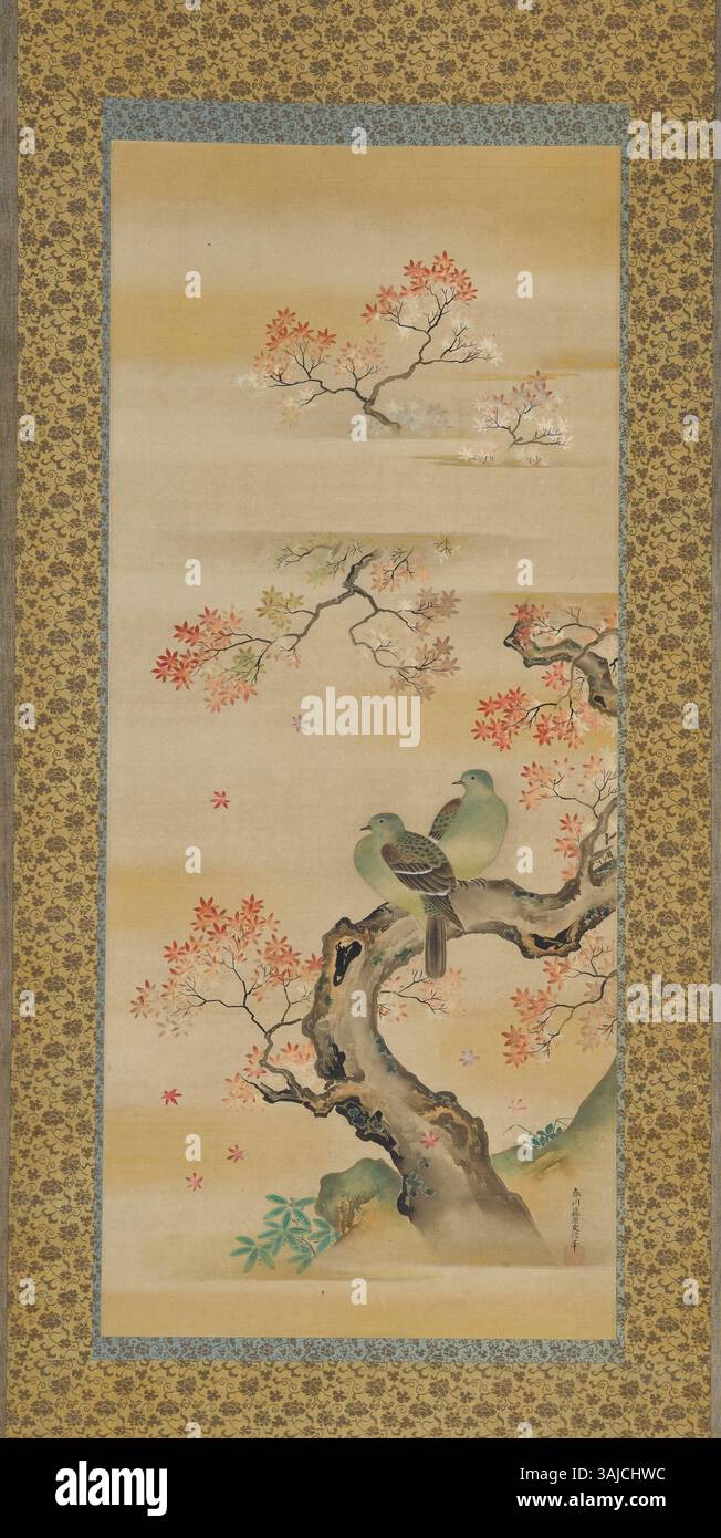 Dieses Seidengemälde von Kanô Shunsen Tomonobu aus dem Jahr 1862 zeigt blaue Tauben auf einem herbstlichen Ahornbaum. Als Geschenk der Botschaft von 1862 steht es beispielhaft für traditionelle japanische Kunst mit Schwerpunkt auf Natur und saisonaler Schönheit. Sie wird im Musée national du château de Fontainebleau ausgestellt. Stockfoto