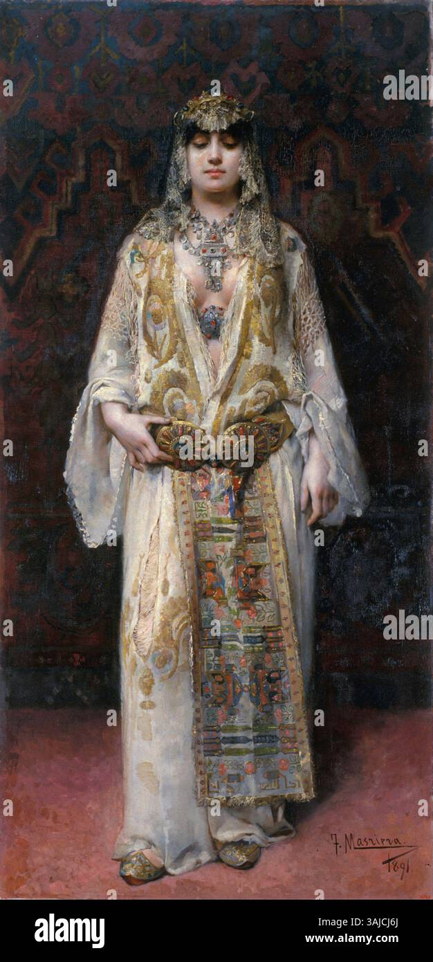 "In der Gegenwart des Herrn" von Francesc Masriera, gemalt 1891. Dieses Öl-auf-Leinwand-Werk zeigt einen Moment religiöser Ehrfurcht, mit Figuren in einer heiligen Umgebung, die Masrieras Stil Ende des 19. Jahrhunderts und seine Liebe zum Detail in religiösen Themen veranschaulichen. Stockfoto