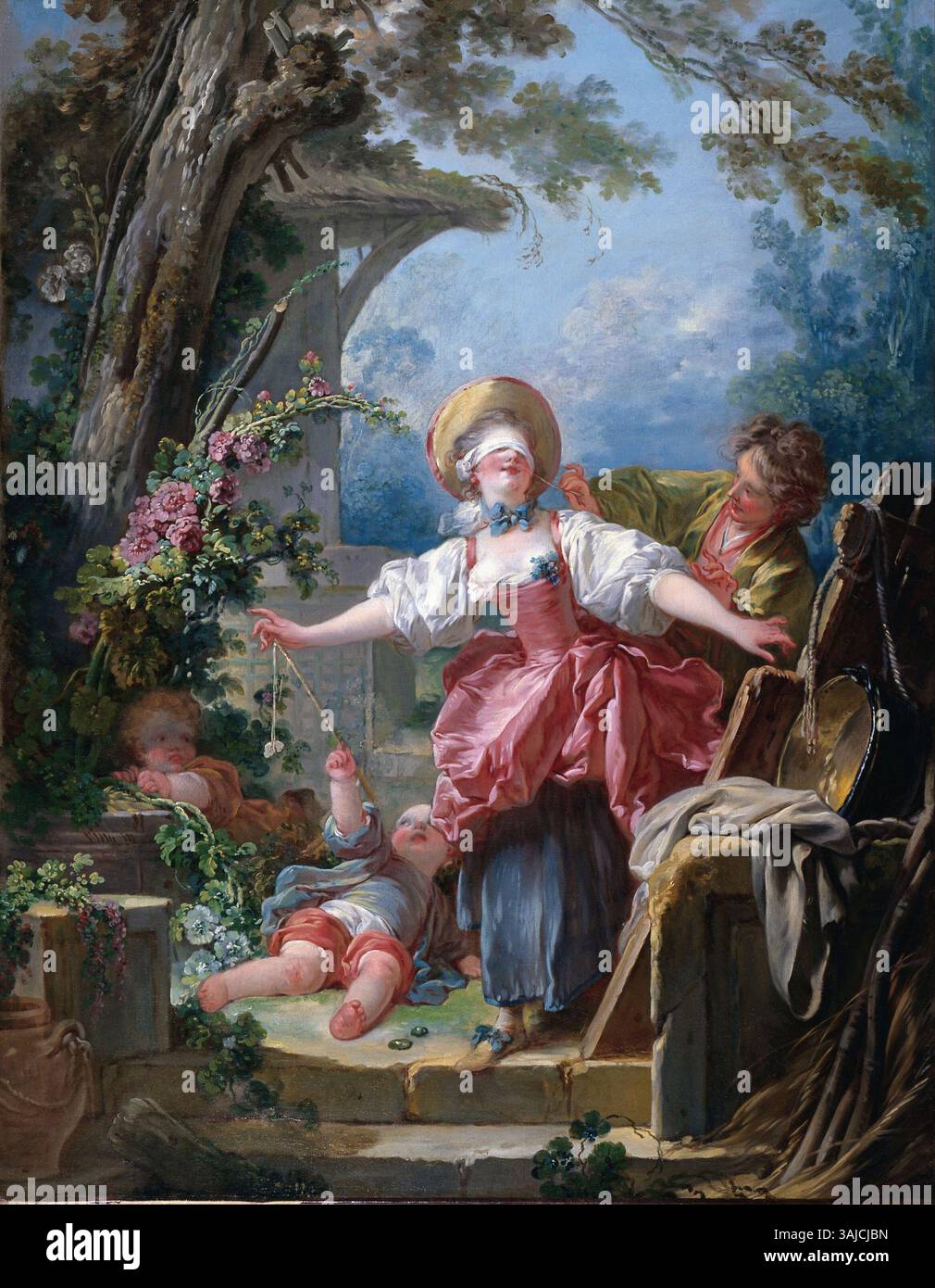 Fragonards „Blind-man’s Buff“, gemalt zwischen 1750 und 1752, fängt eine verspielte und intime Szene einer Gruppe von Figuren ein, die sich in dem beliebten Spiel aus dem 18. Jahrhundert, das charakteristisch für den Rokoko-Stil ist, engagieren. Stockfoto